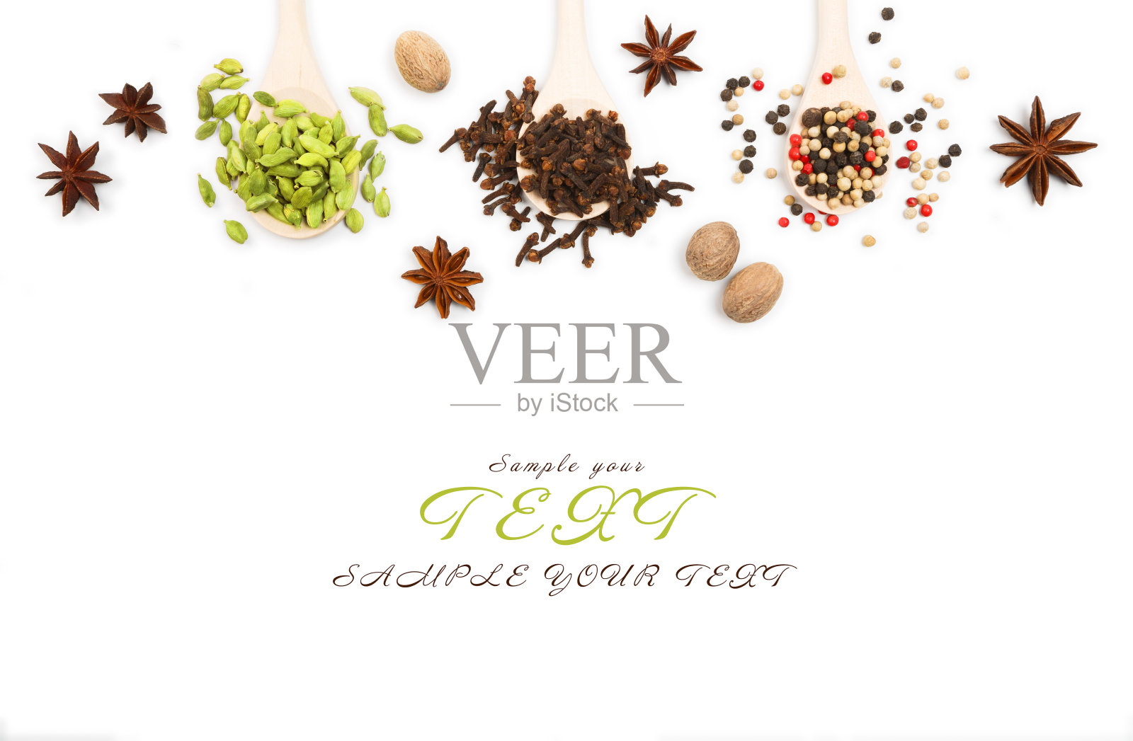 各种香料在木勺照片摄影图片