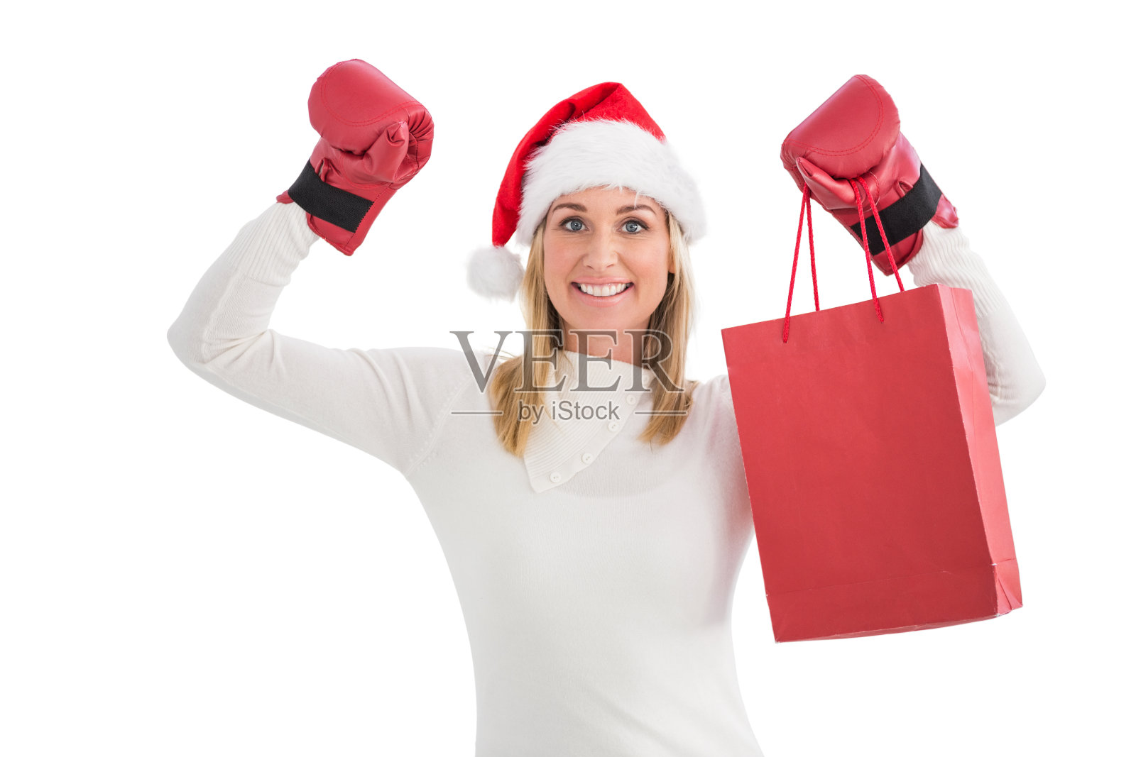 节日金发拳击手套和购物袋照片摄影图片