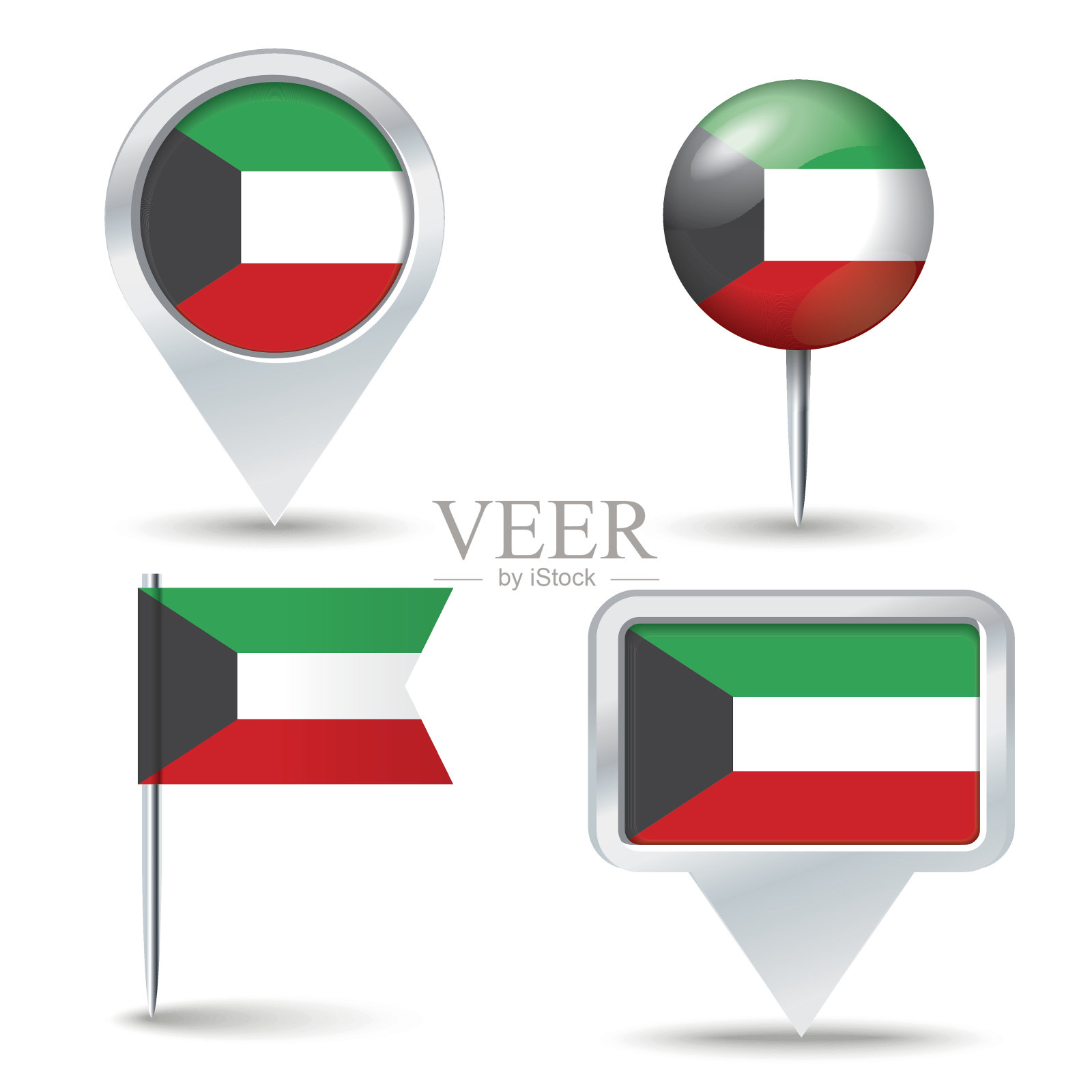 带有科威特国旗的地图图钉插画图片素材