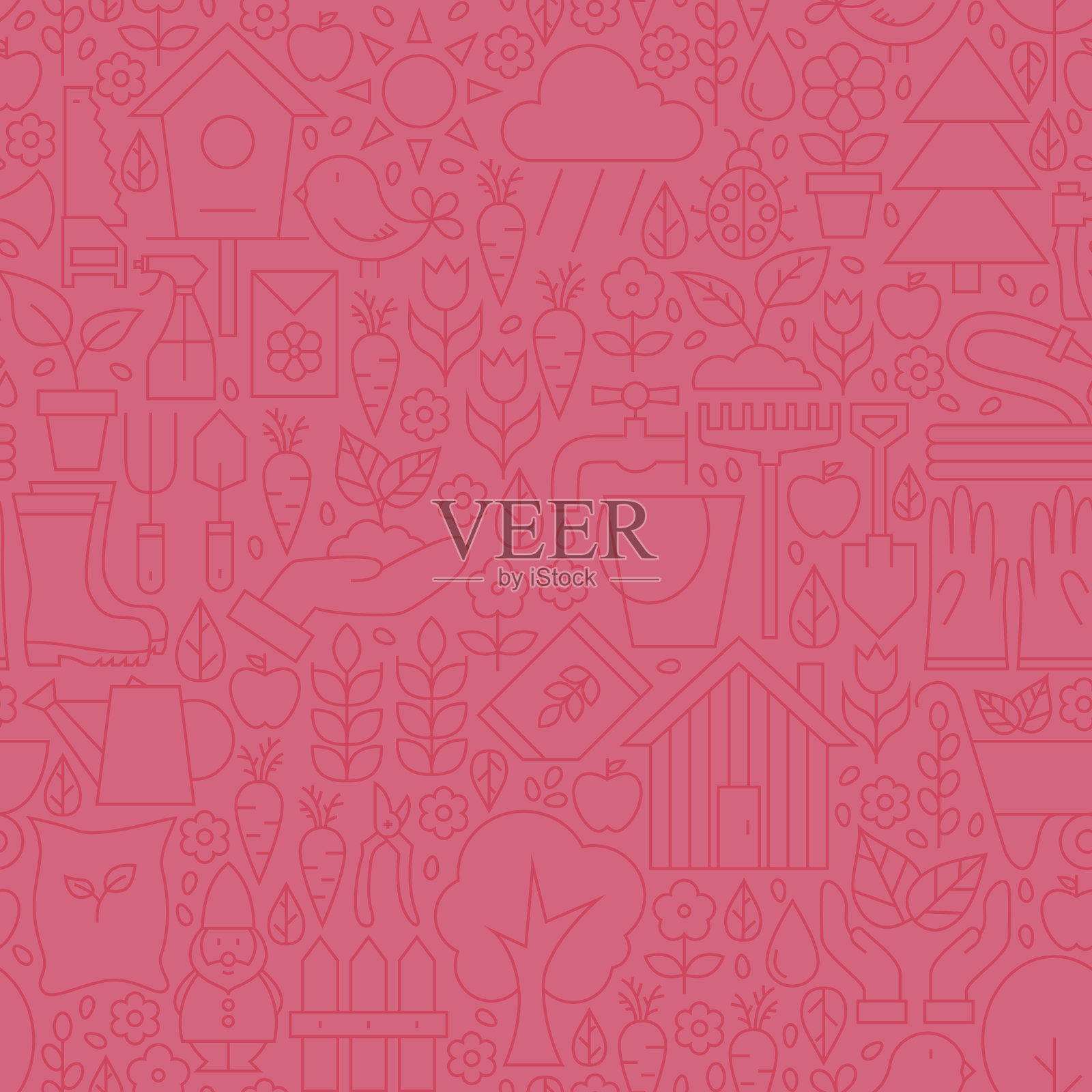 细园艺工具线无缝粉红色图案插画图片素材