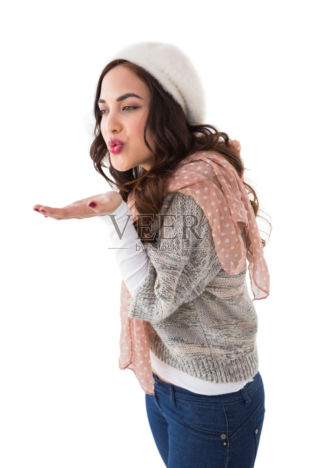 漂亮的黑发在白色的帽子吹照片摄影图片