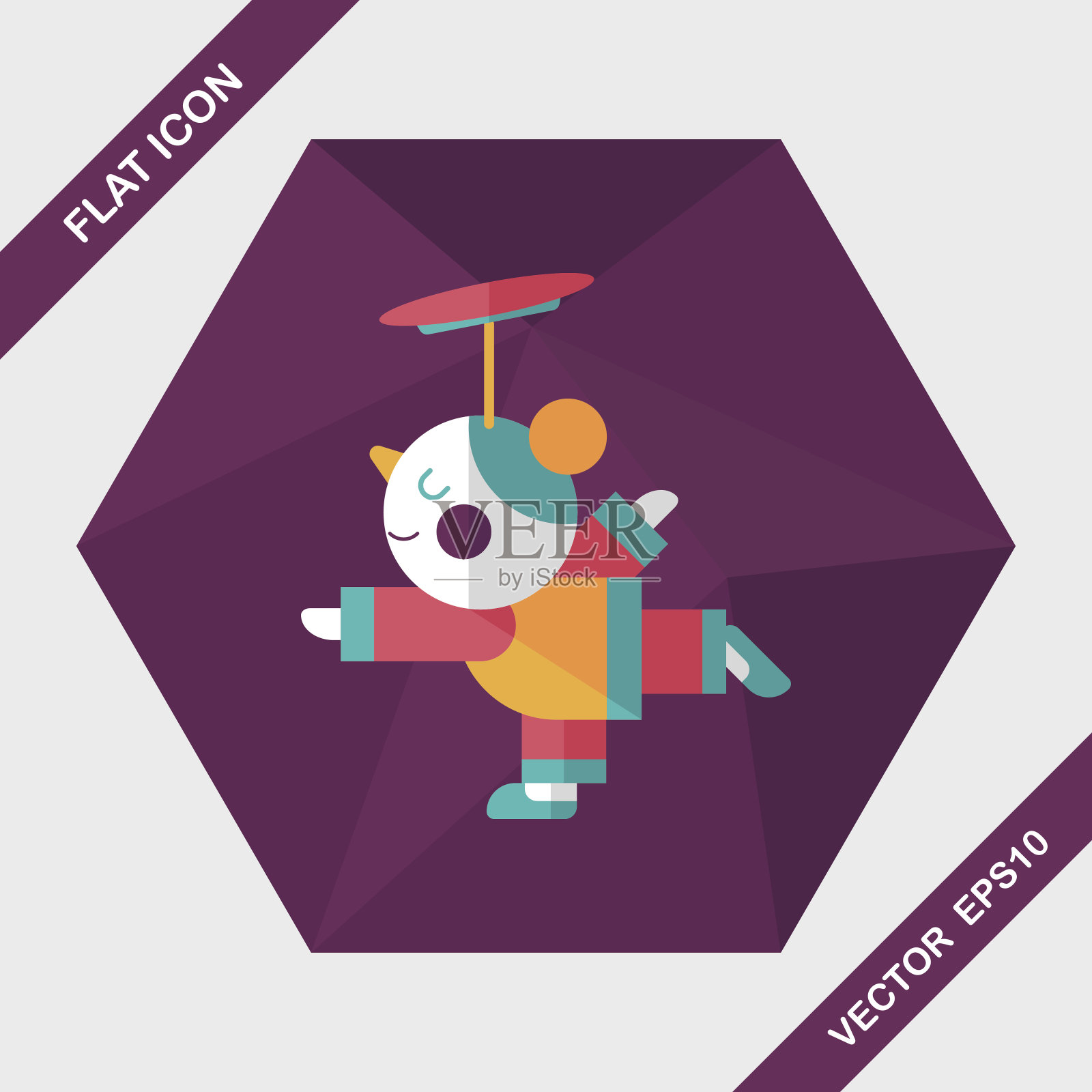 中国新年男孩长影子扁平图标，eps10插画图片素材