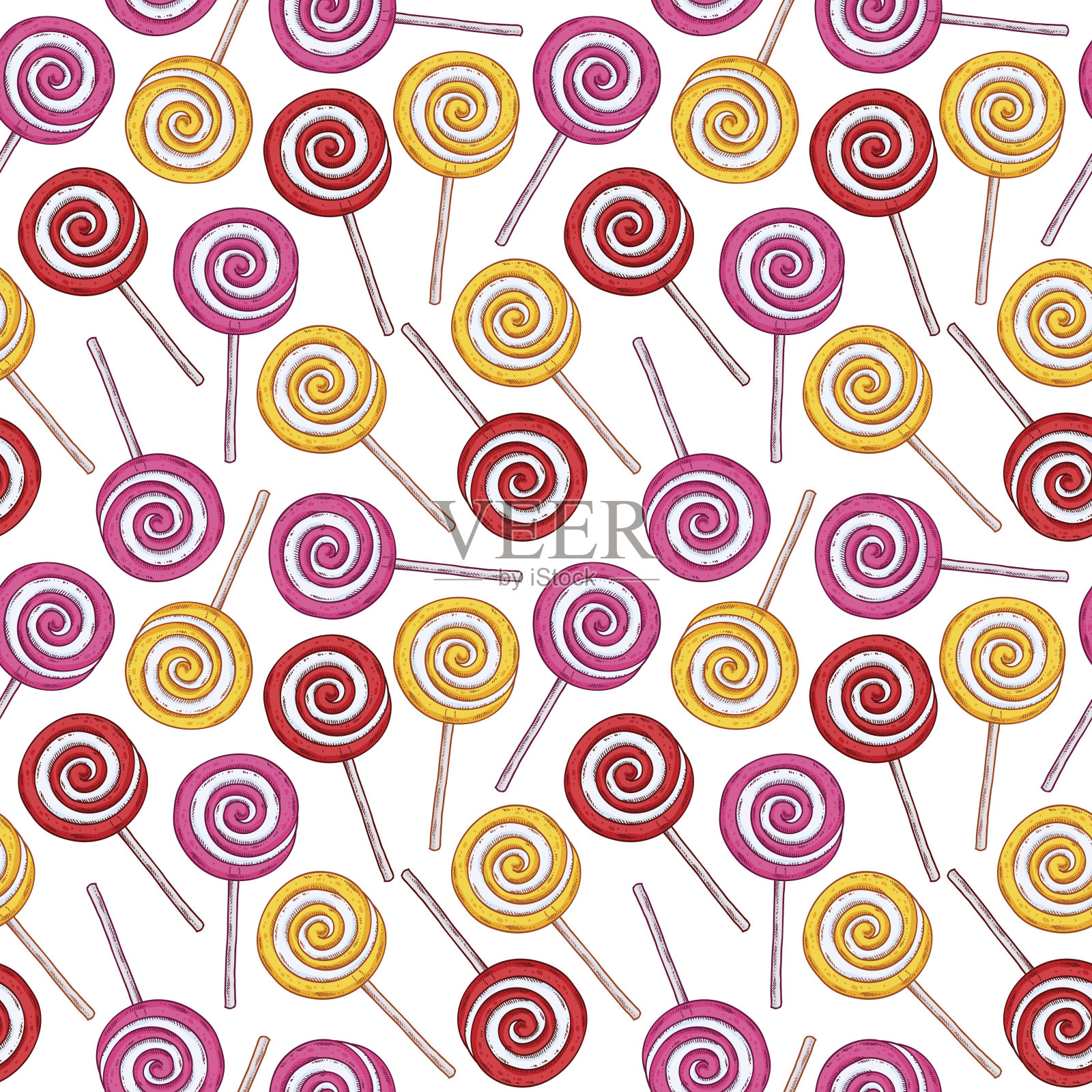 彩色棒棒糖无缝图案。素描风格插画图片素材