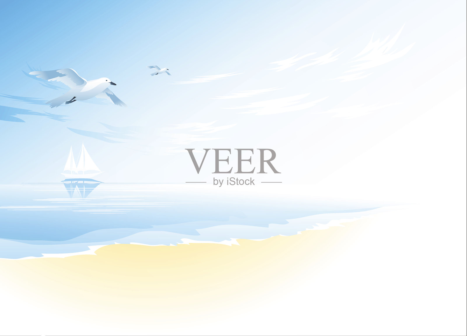 海景，有海、云和飞翔的海鸥插画图片素材