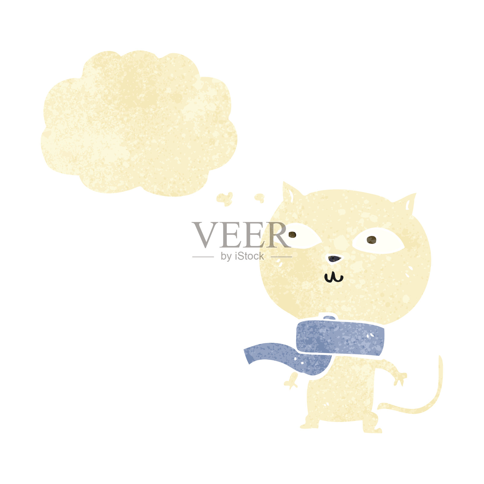 卡通滑稽的猫戴着围巾与思想泡泡插画图片素材