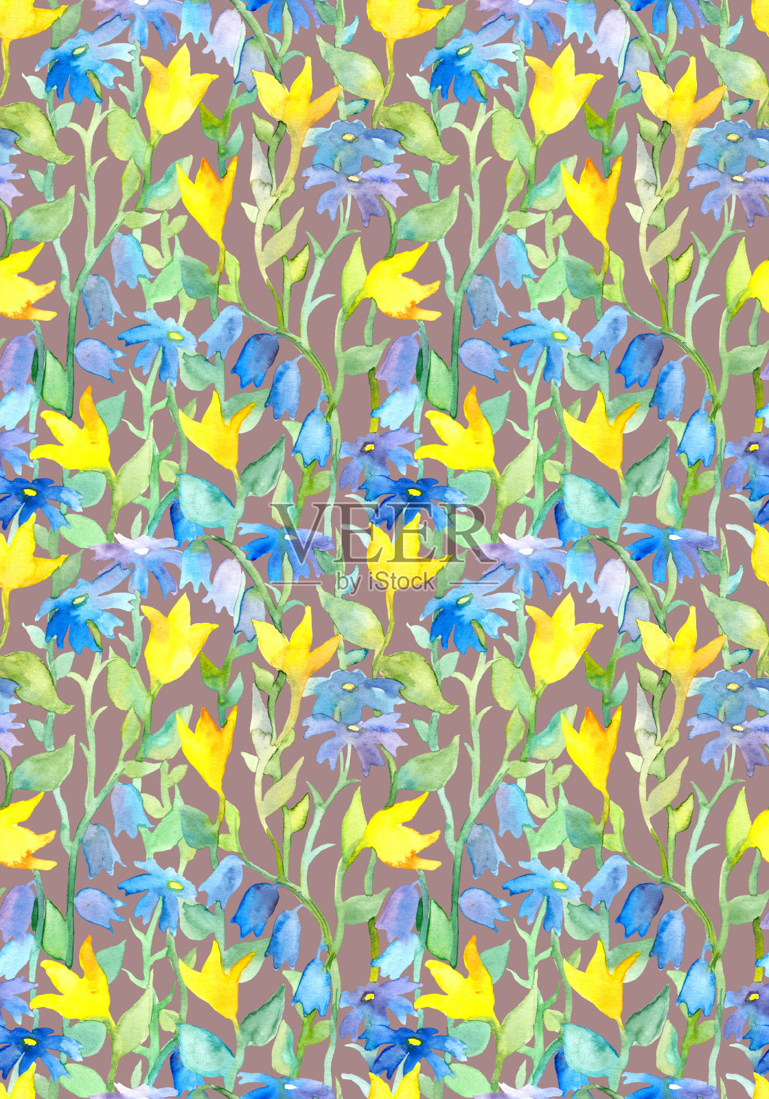 无缝花卉背景与天真的花设计。水彩插画图片素材