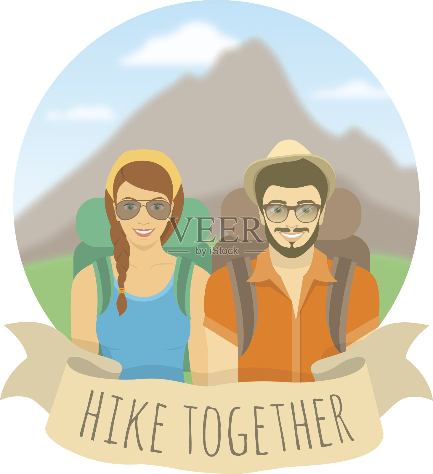 一对年轻的男孩和女孩在山上观光插画图片素材