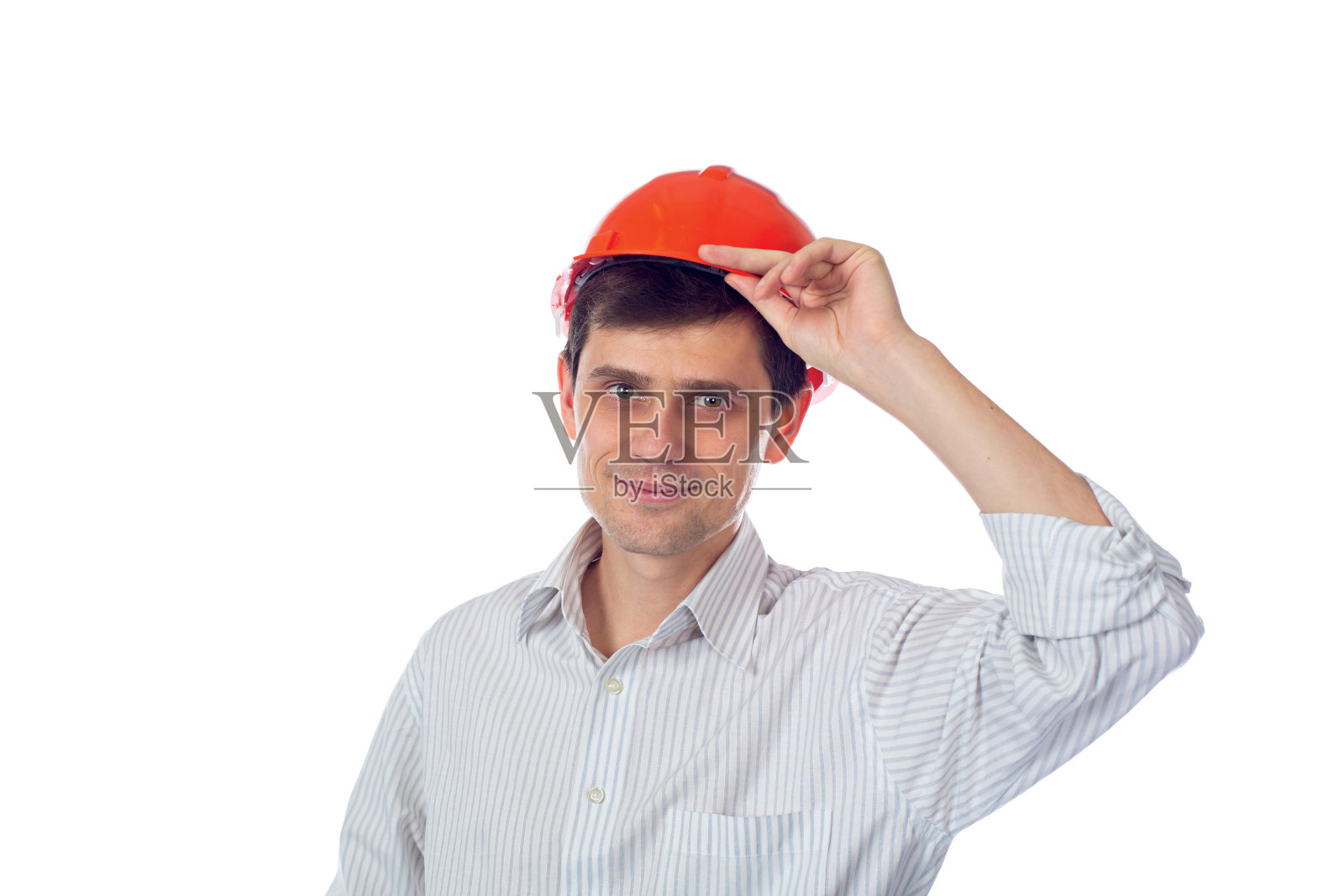 微笑的男子在衬衫橙色施工头盔隔离照片摄影图片