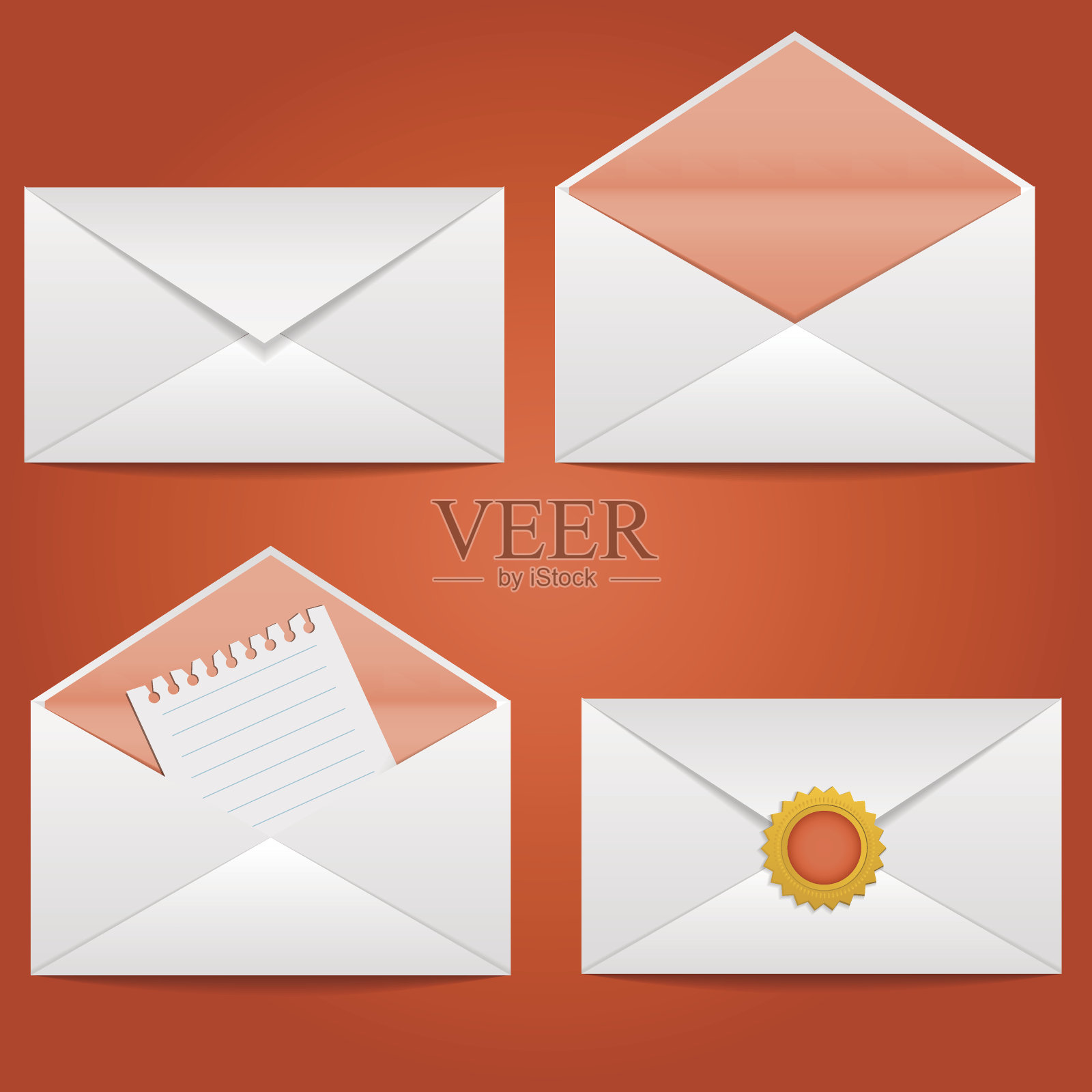 信封，封套一套用信件打开、封上、密封的信封插画图片素材