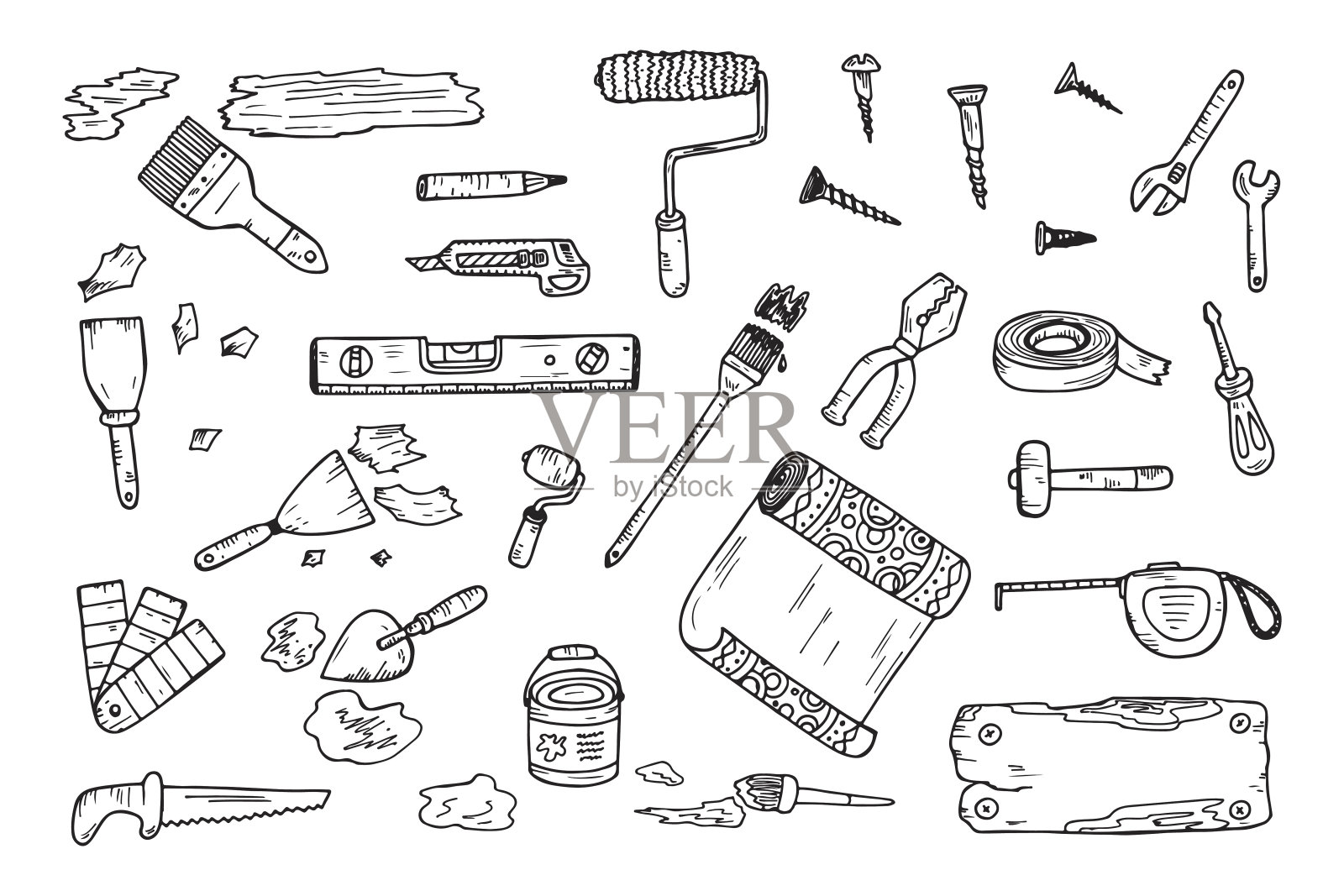 手绘涂鸦房屋修复工具。家居装饰图标。做家务。插画图片素材
