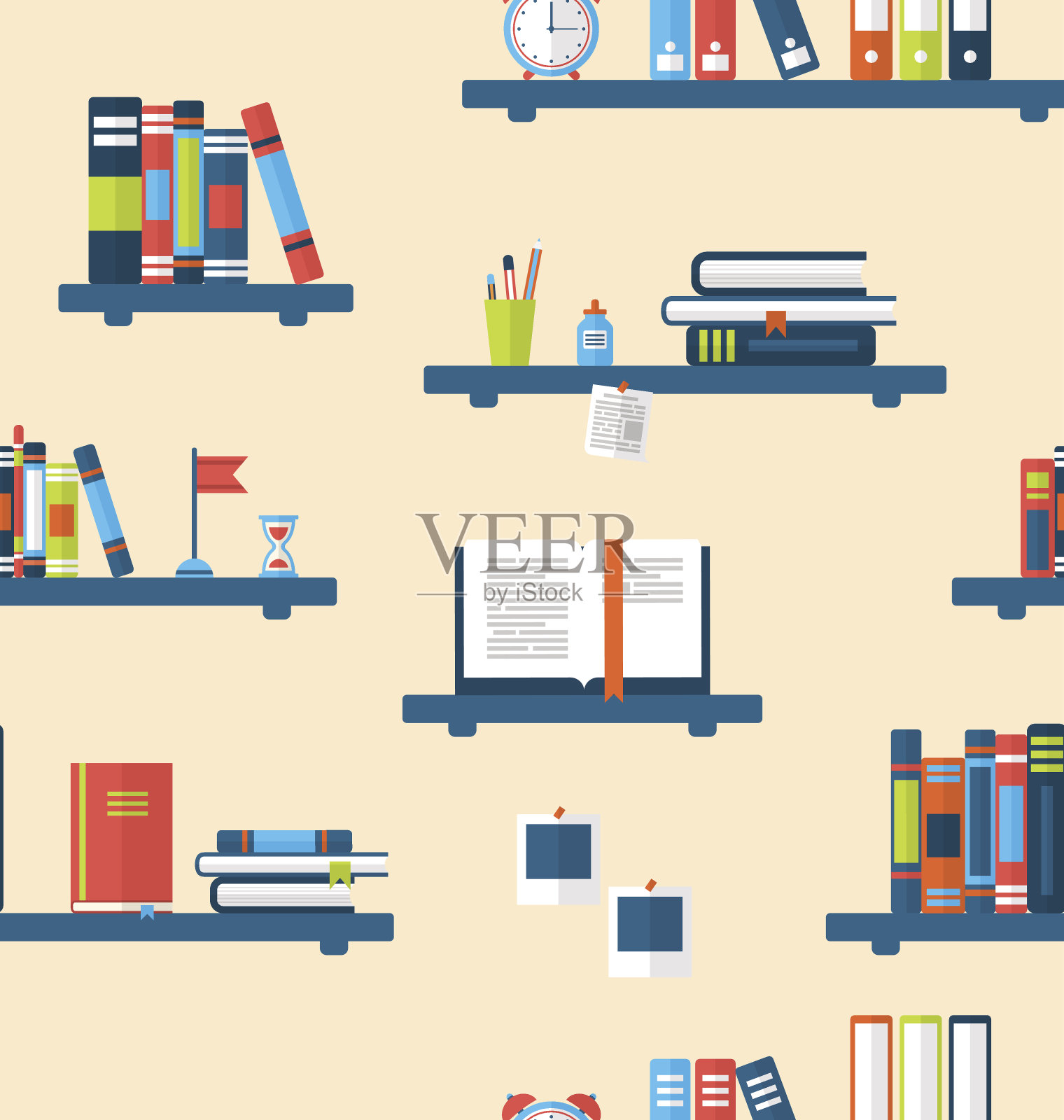 无缝纹理与书架上的书籍插画图片素材