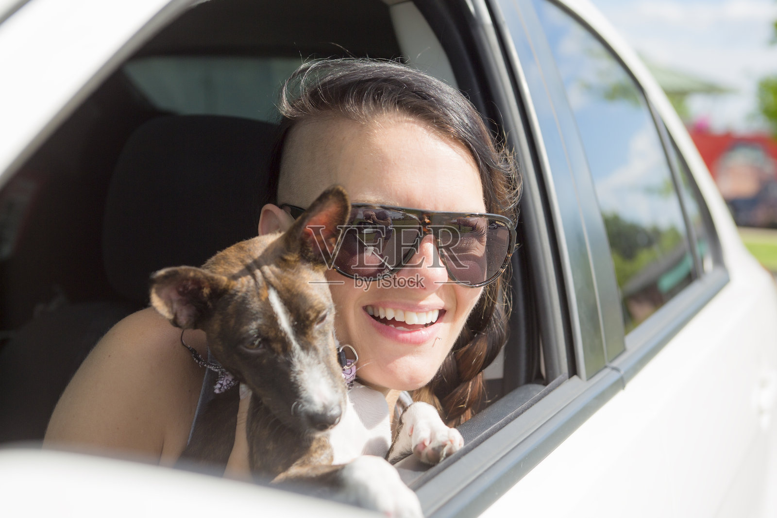 女人和狗在车里夏天旅行。照片摄影图片