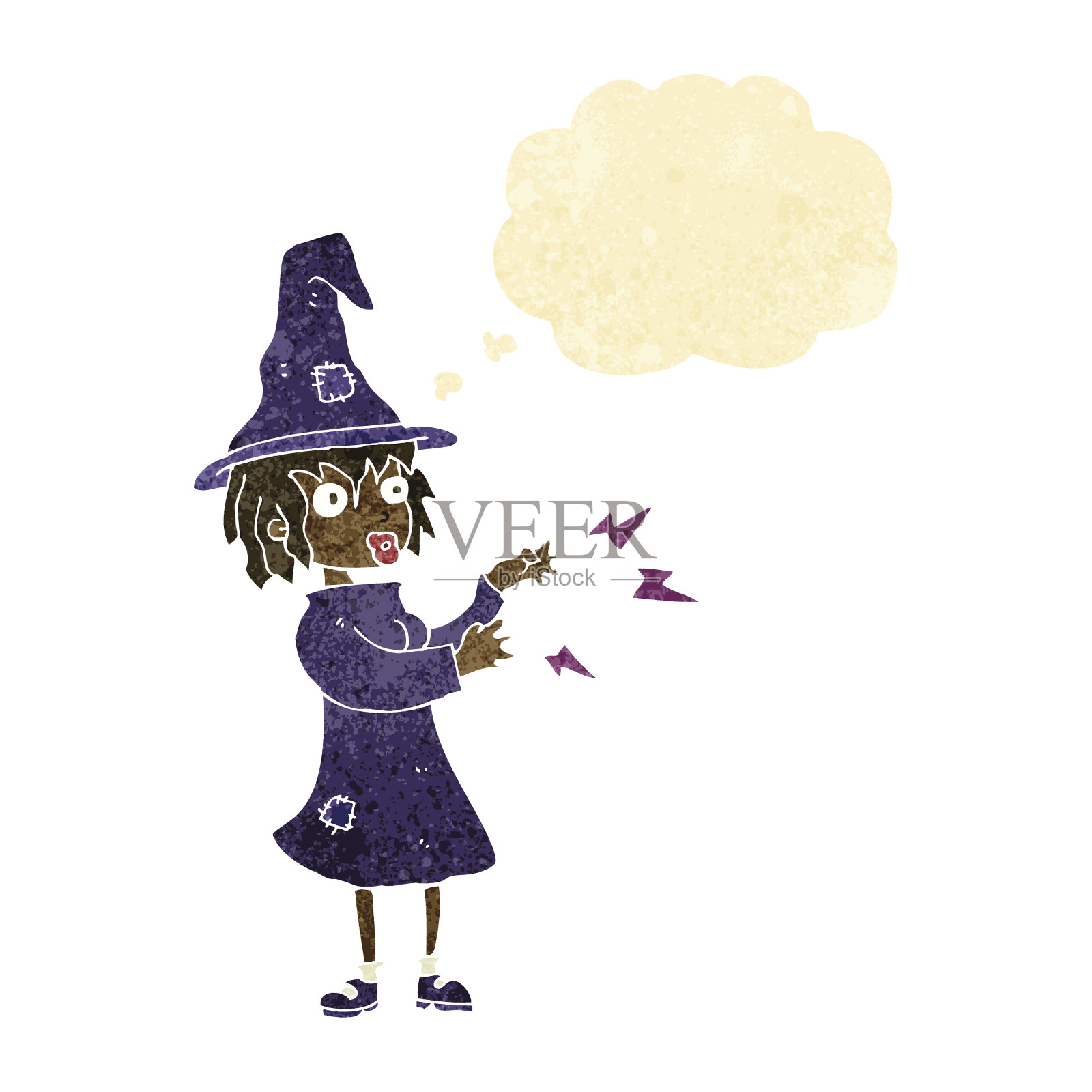 卡通女巫用思想泡泡施放咒语插画图片素材