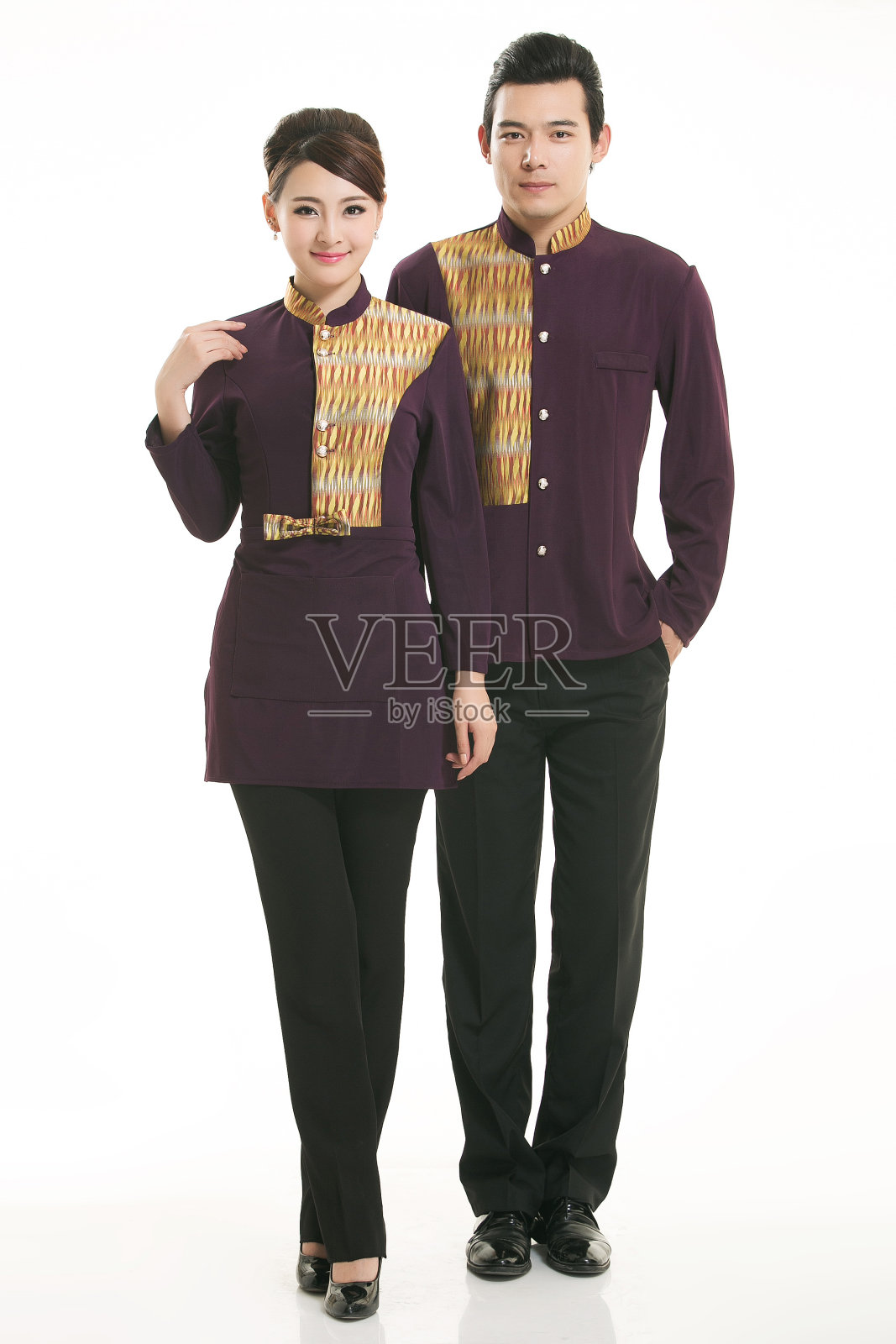 穿着服装职业中国服务员在白色的背景照片摄影图片