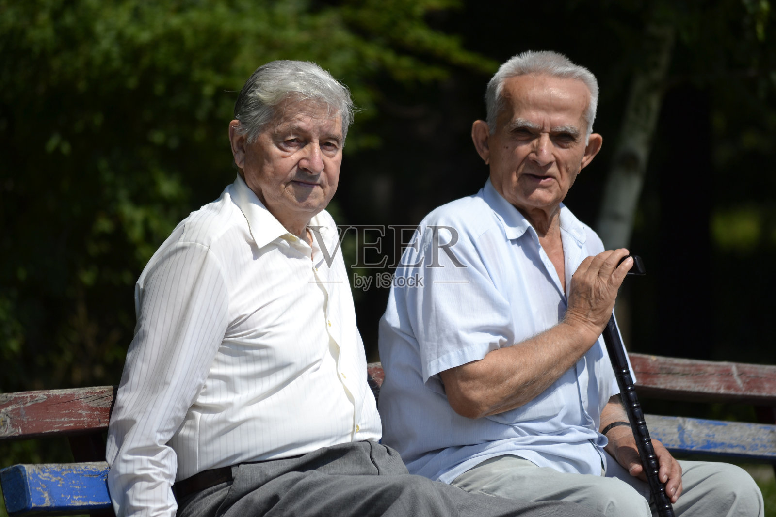 两位老先生坐在公园的长椅上照片摄影图片