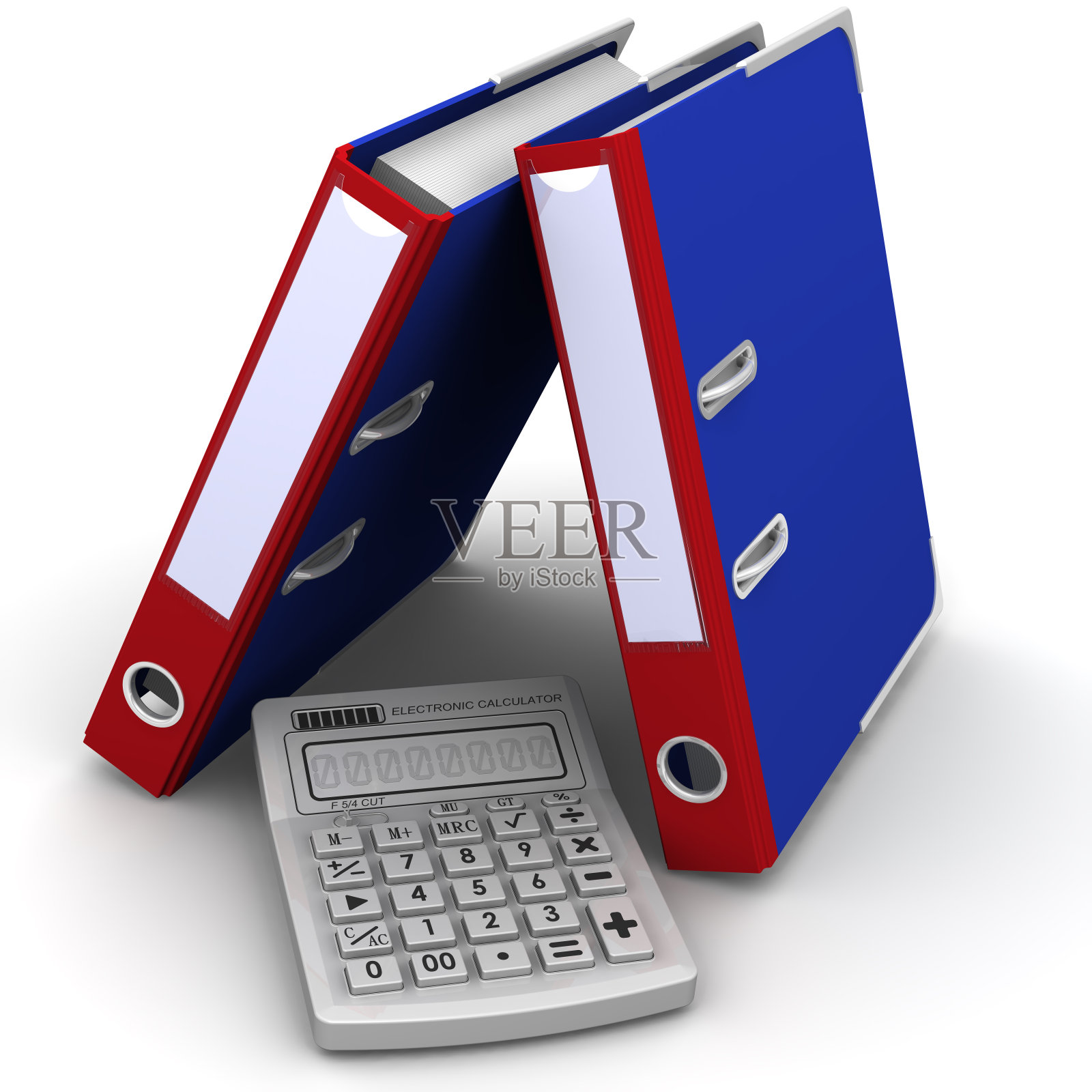 白色背景上的计算器和文件夹照片摄影图片