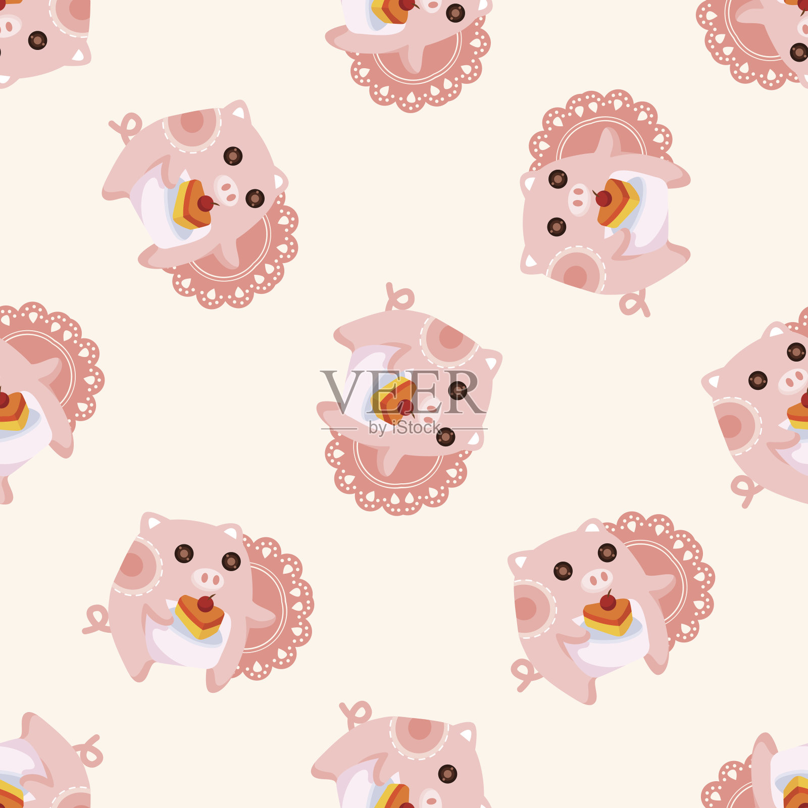 猪有动物下午茶，花样无缝插画图片素材