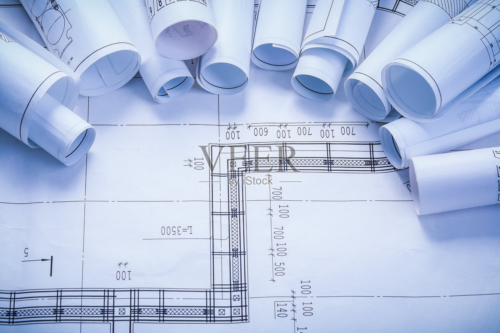 比格斯t滚动的蓝图和有组织的拷贝空间照片摄影图片