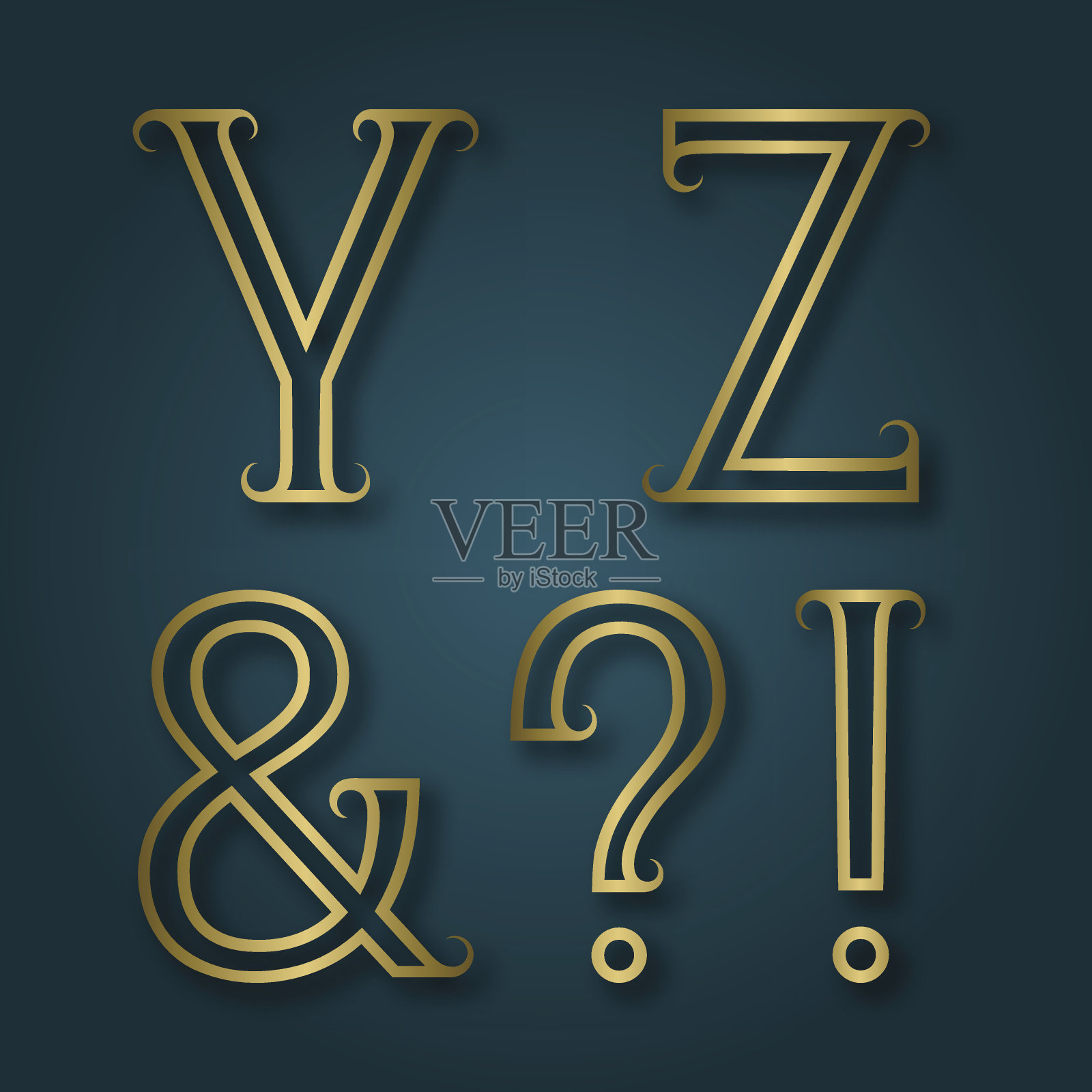 Y, Z闪亮的金色字母，&，感叹和疑问插画图片素材