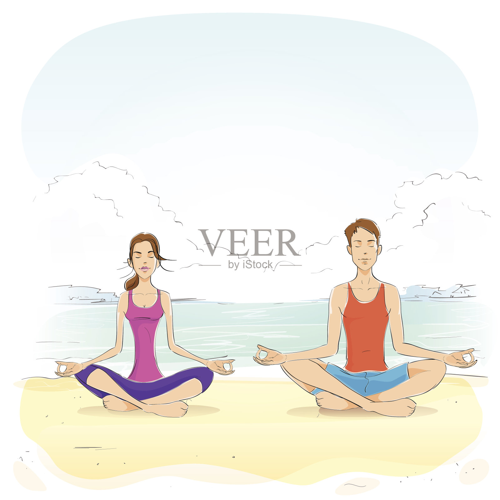 一对夫妇坐在瑜伽莲花姿势的男人和女人插画图片素材