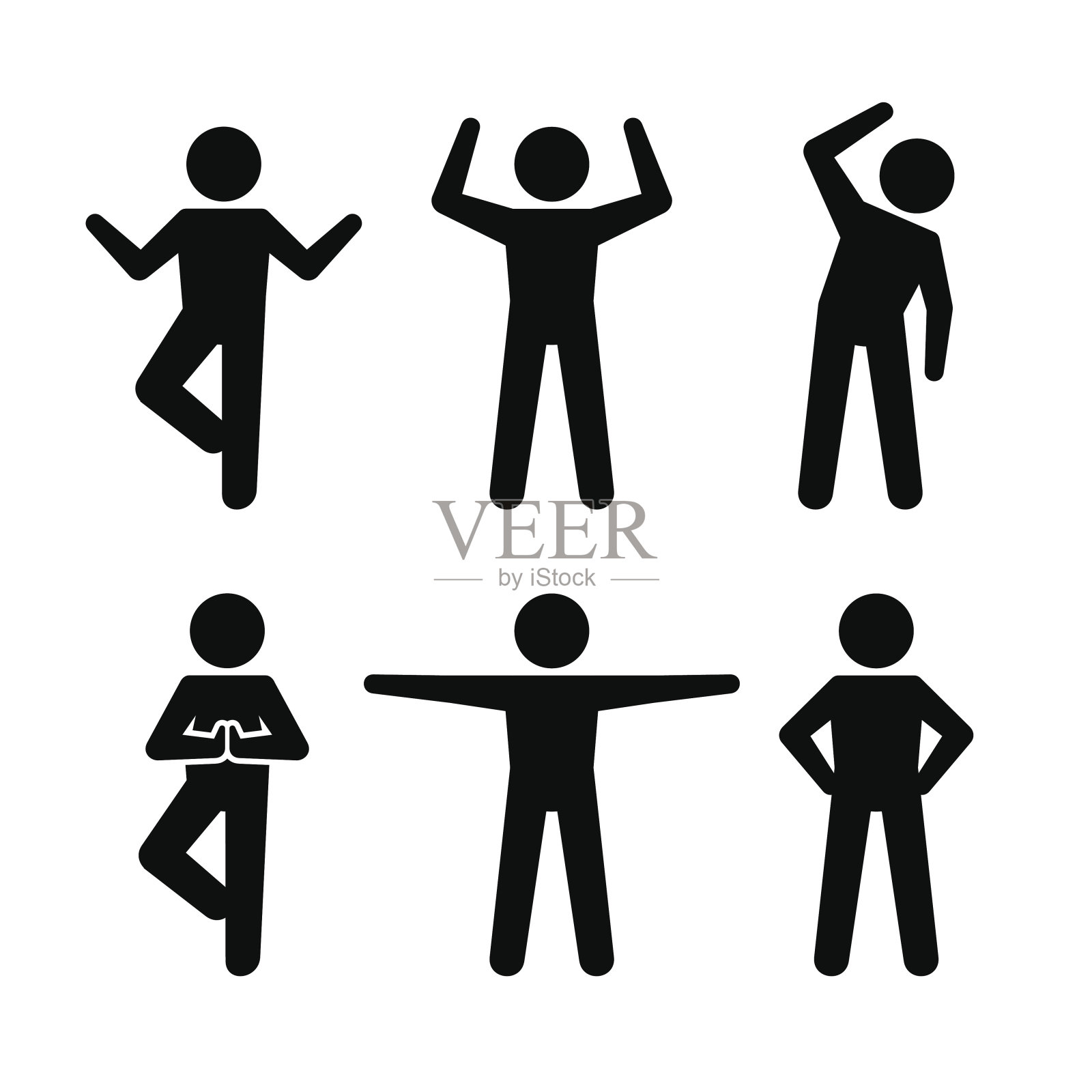 瑜伽和健身位置黑色剪影人类。向量插画图片素材