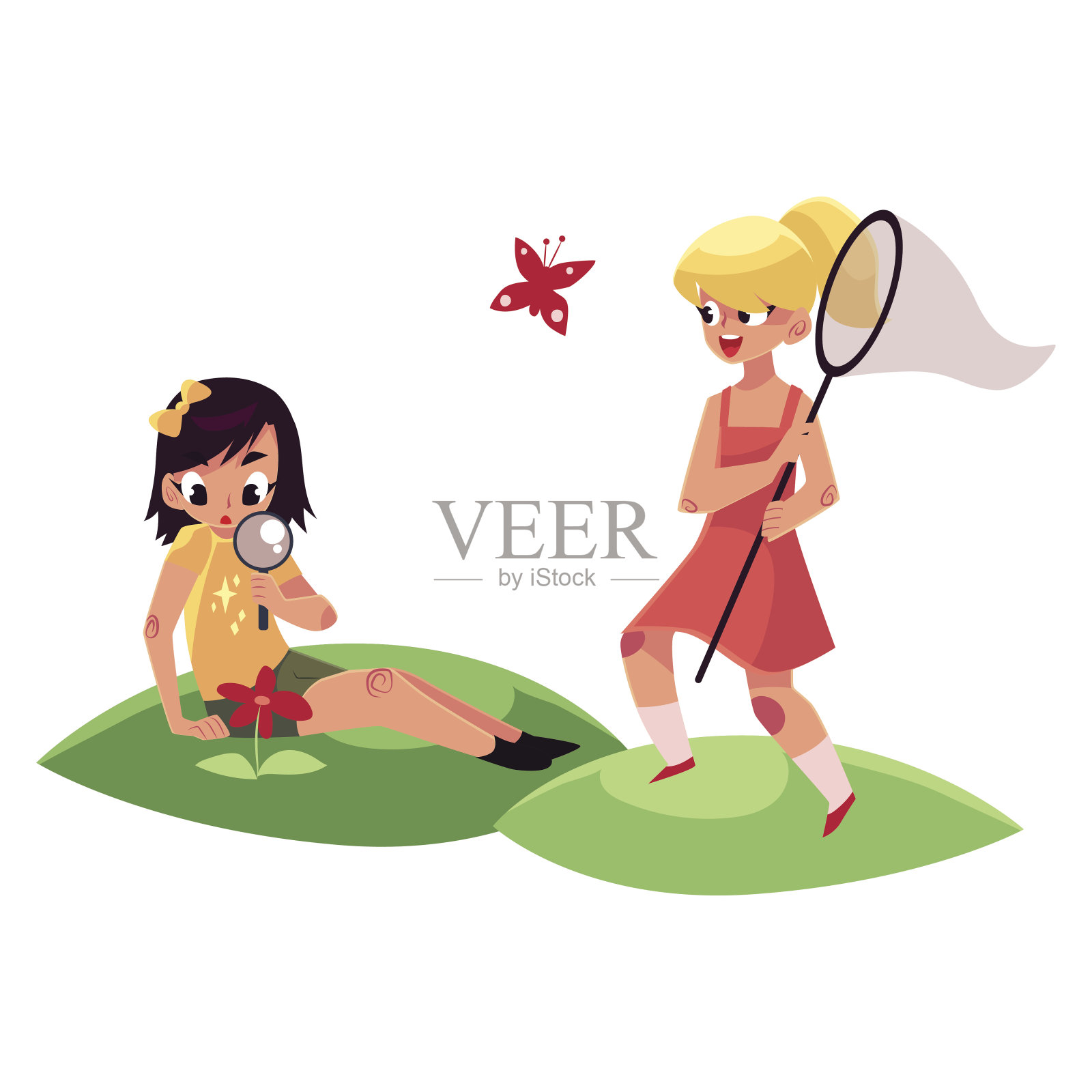 两个女孩在夏天玩得很开心，捉蝴蝶，研究花设计元素图片