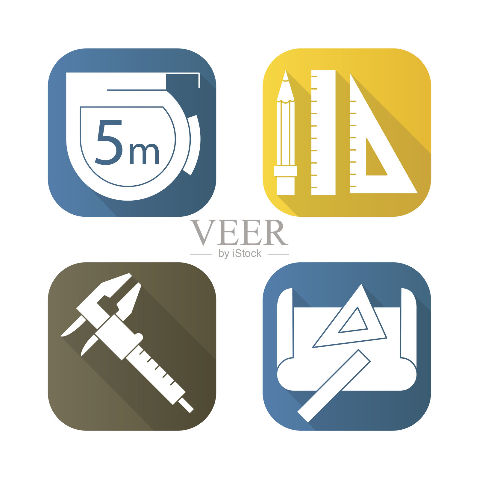 工程工具平长阴影图标集。卡尺、铅笔、直尺、卷尺、绘图尺。孤立的矢量图。图标素材