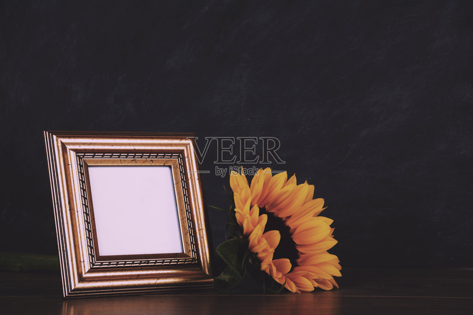 画框和向日葵对一个肮脏的黑板背景复古滤镜。照片摄影图片
