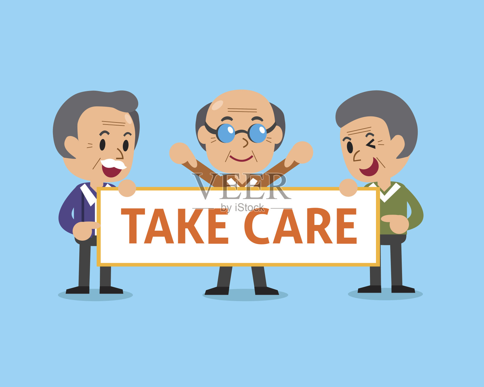 卡通老人举着“小心”的牌子插画图片素材