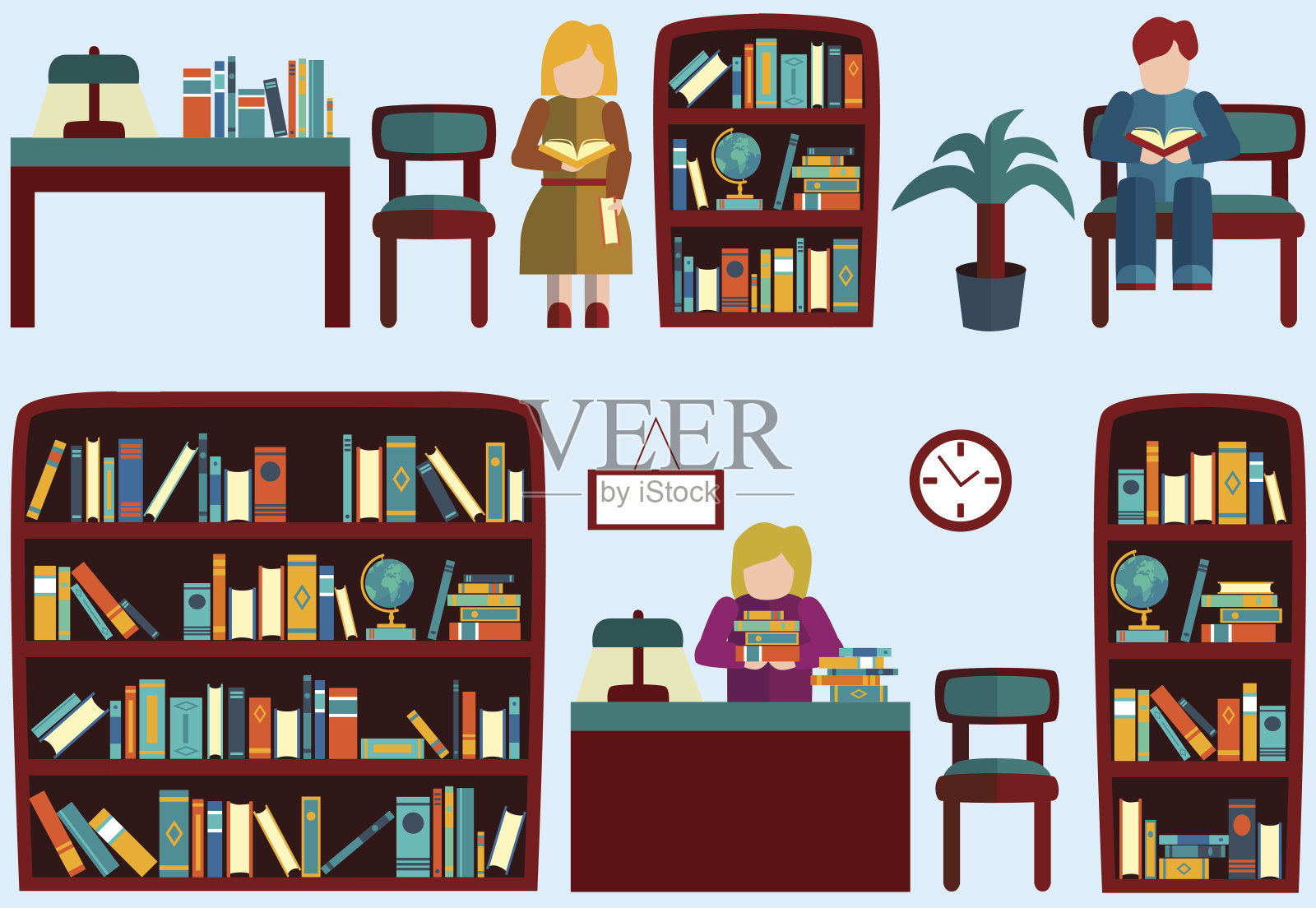 大图书馆。书架、读者、图书管理员、桌椅插画图片素材