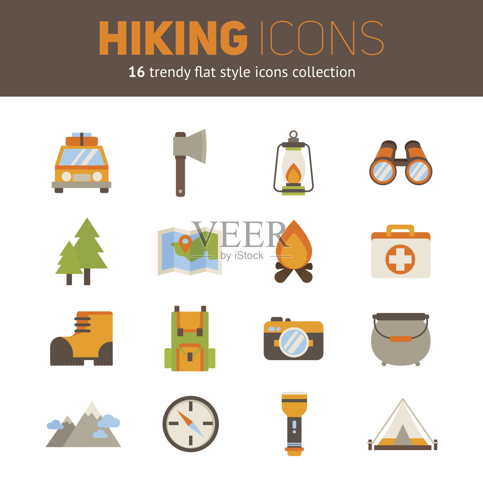 一套徒步旅行的图标在现代风格图标素材