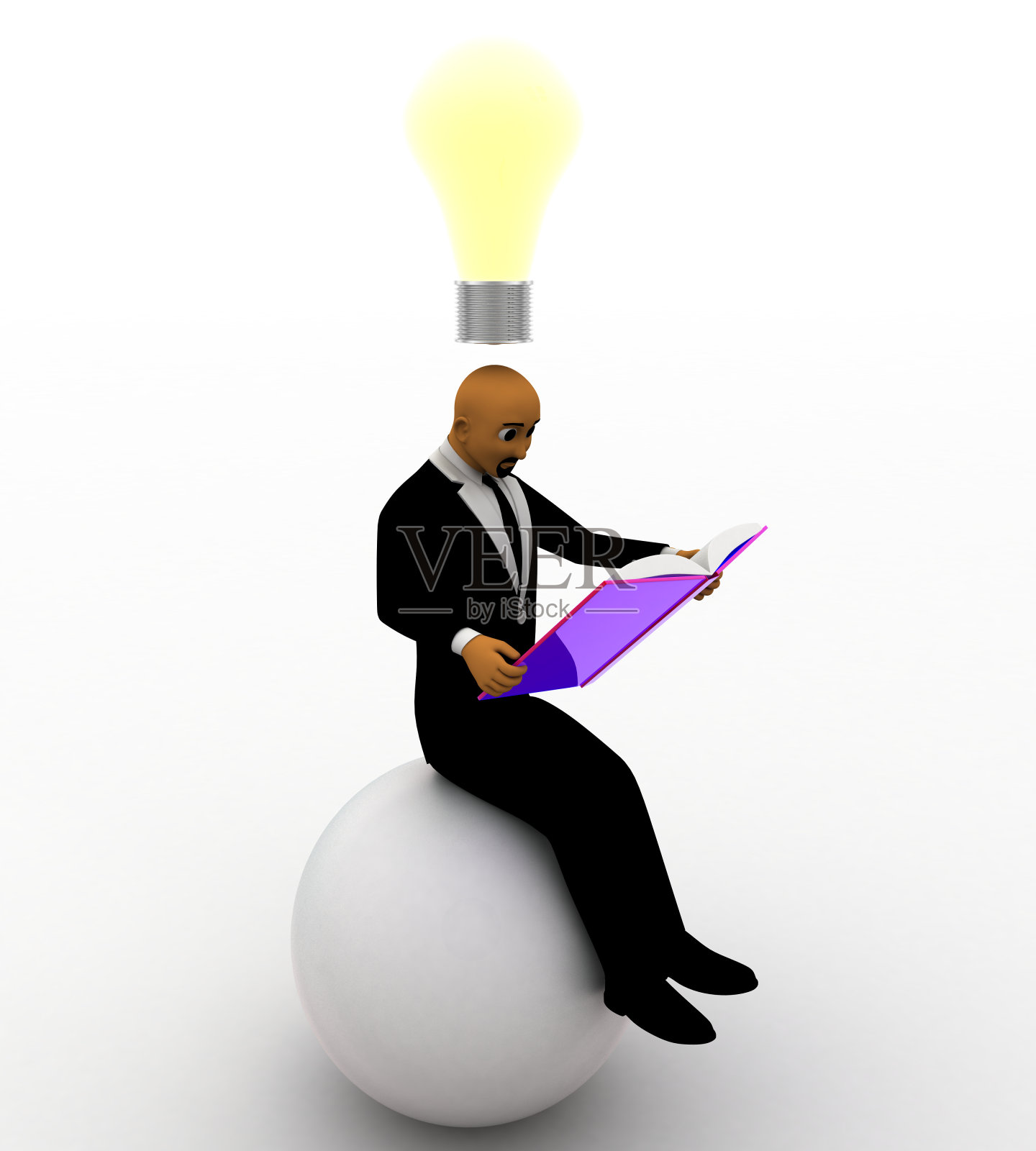 商人坐在球上，阅读时得到想法照片摄影图片