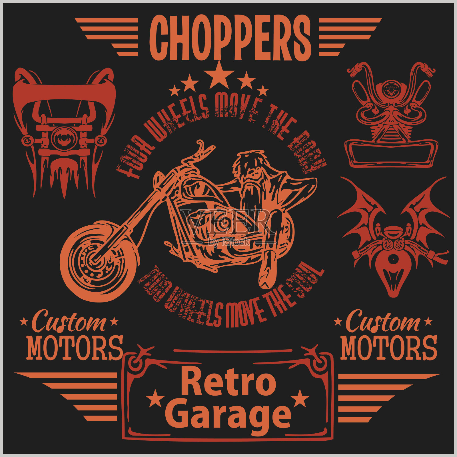 老式摩托车标签，徽章和设计元素-向量集。插画图片素材
