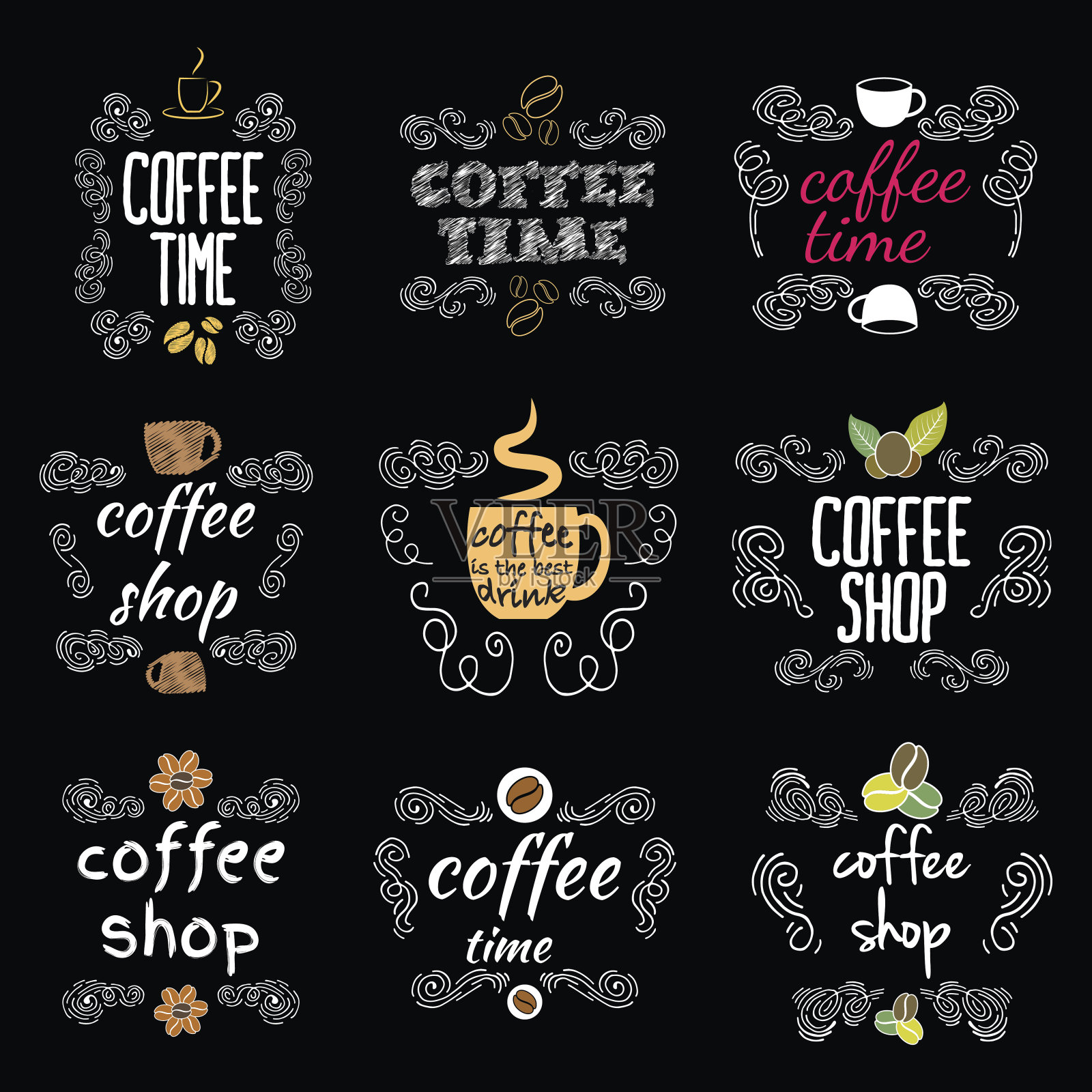 一套咖啡店草图和文本标签插画图片素材