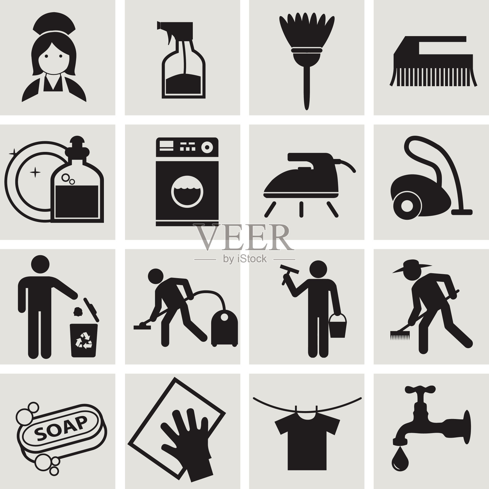 成套设备和房屋清洁。图标素材