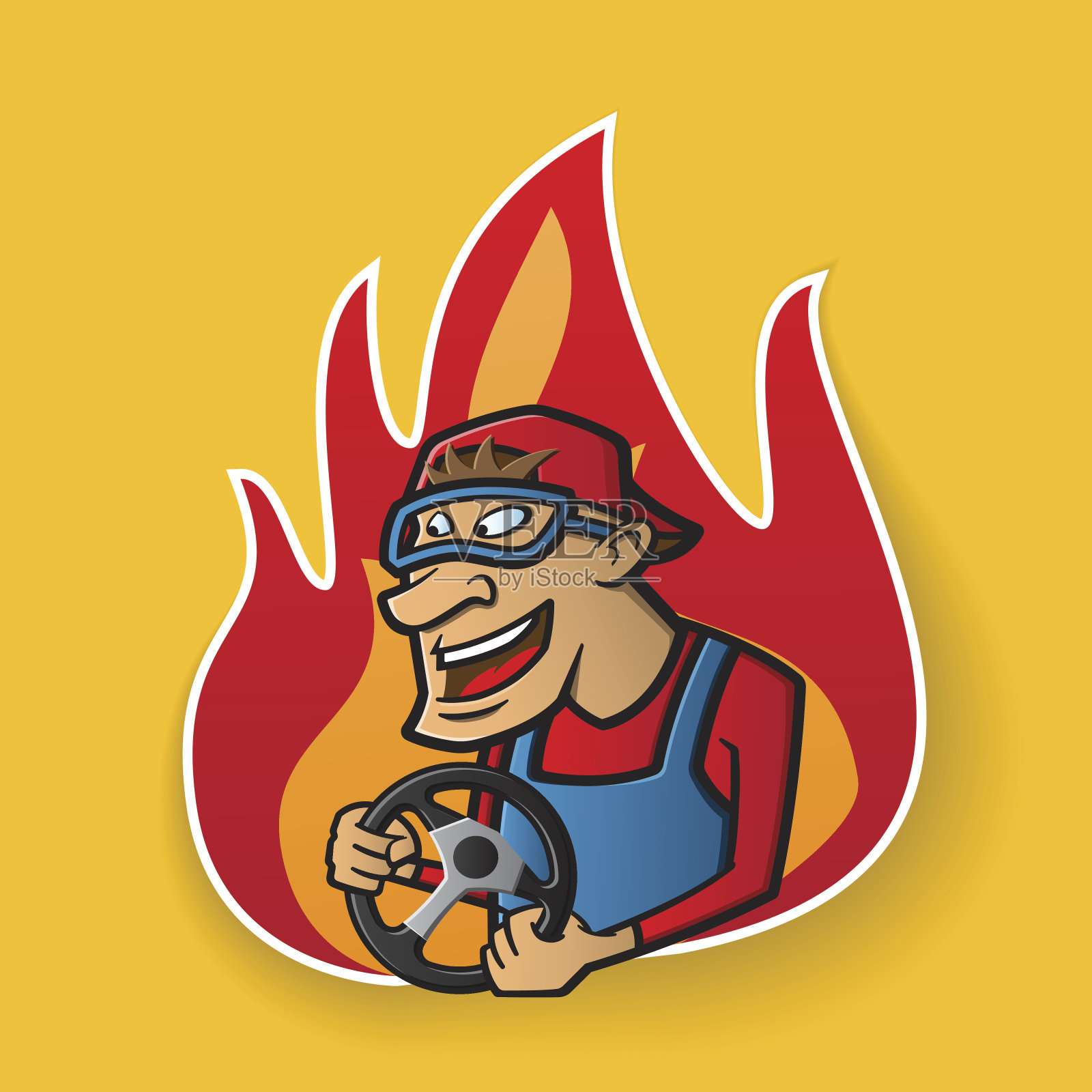 滑稽的人物汽车司机戴着护目镜和方向盘插画图片素材