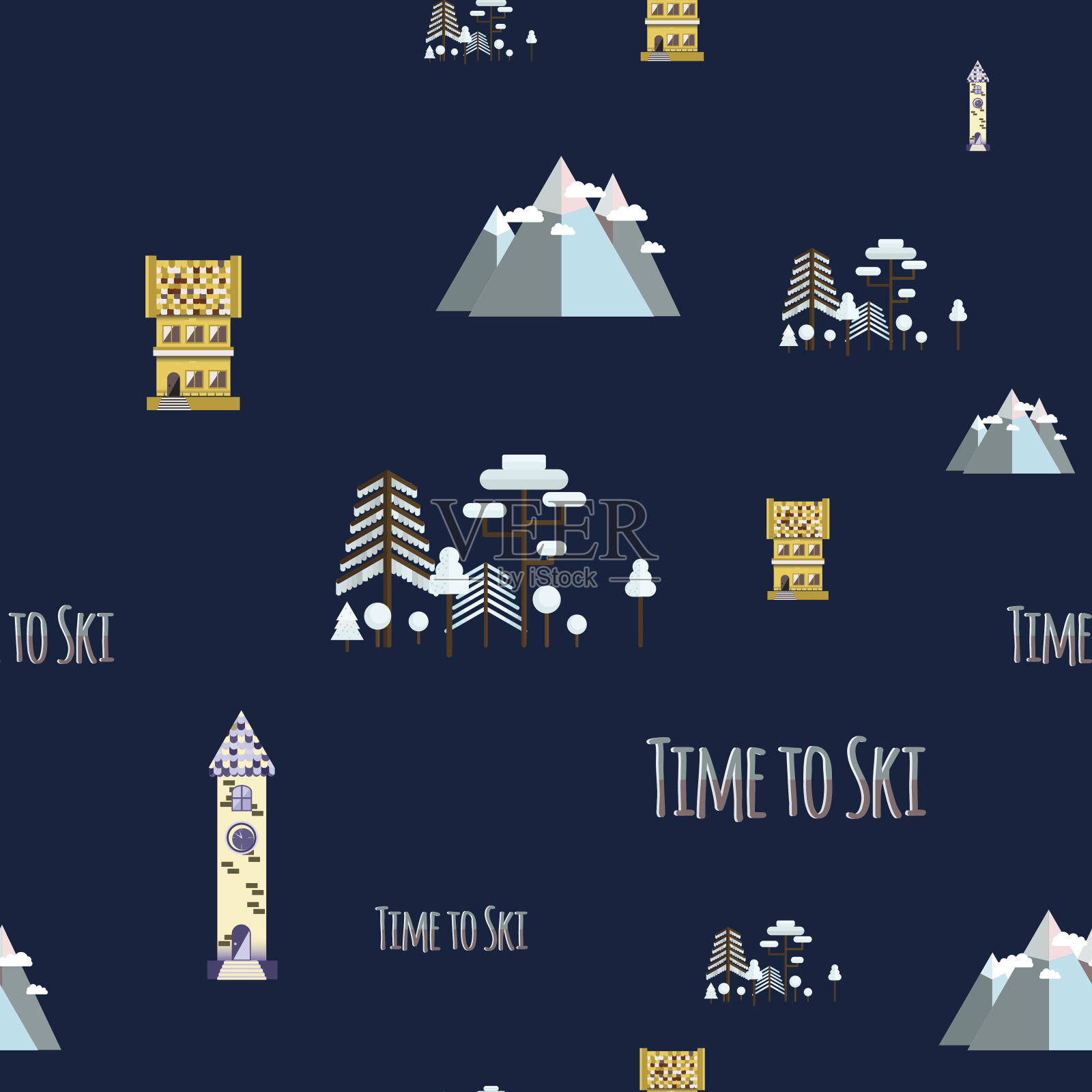 无缝图案与铭文时间去滑雪。平面设计插画图片素材