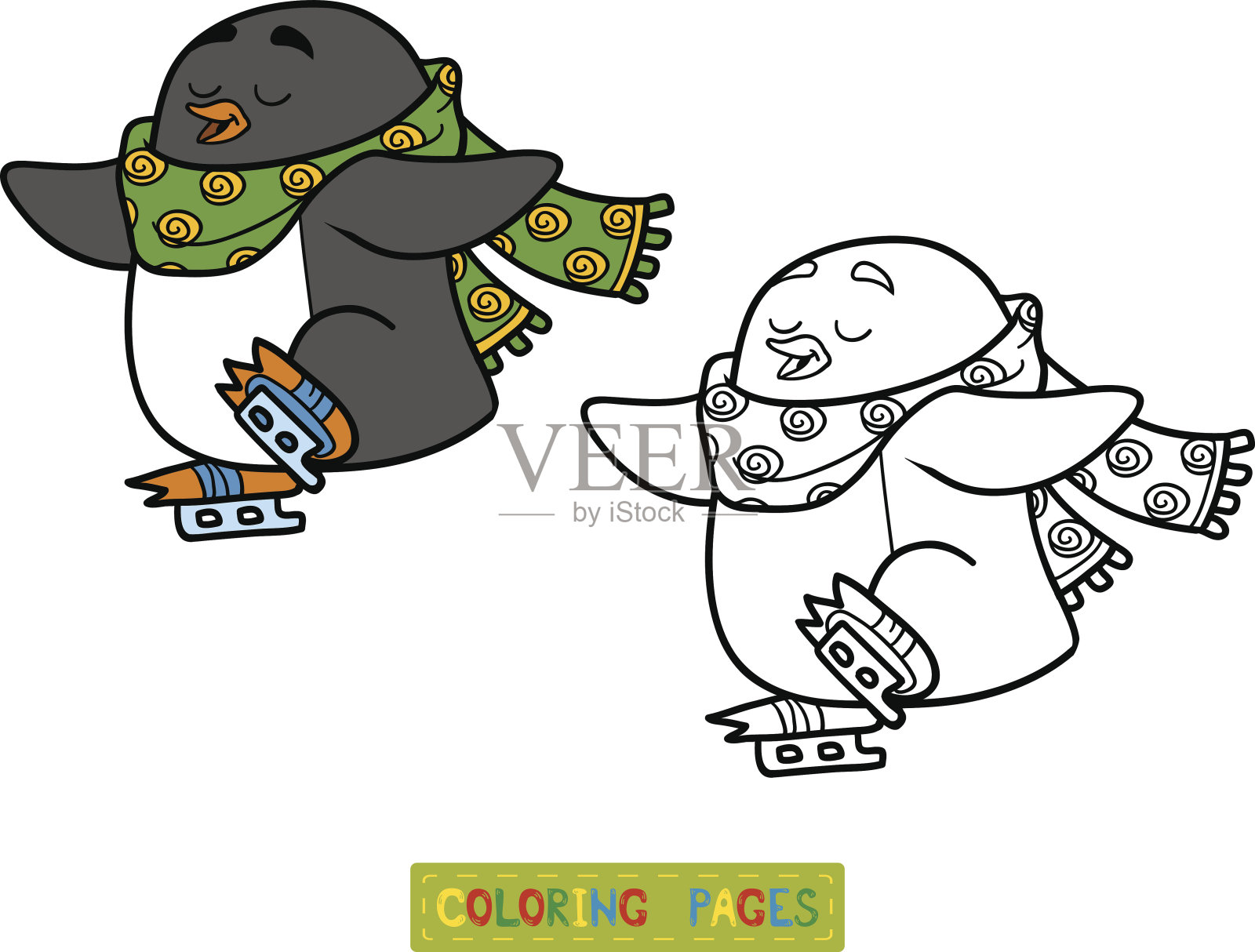 儿童涂色书，溜冰企鹅插画图片素材