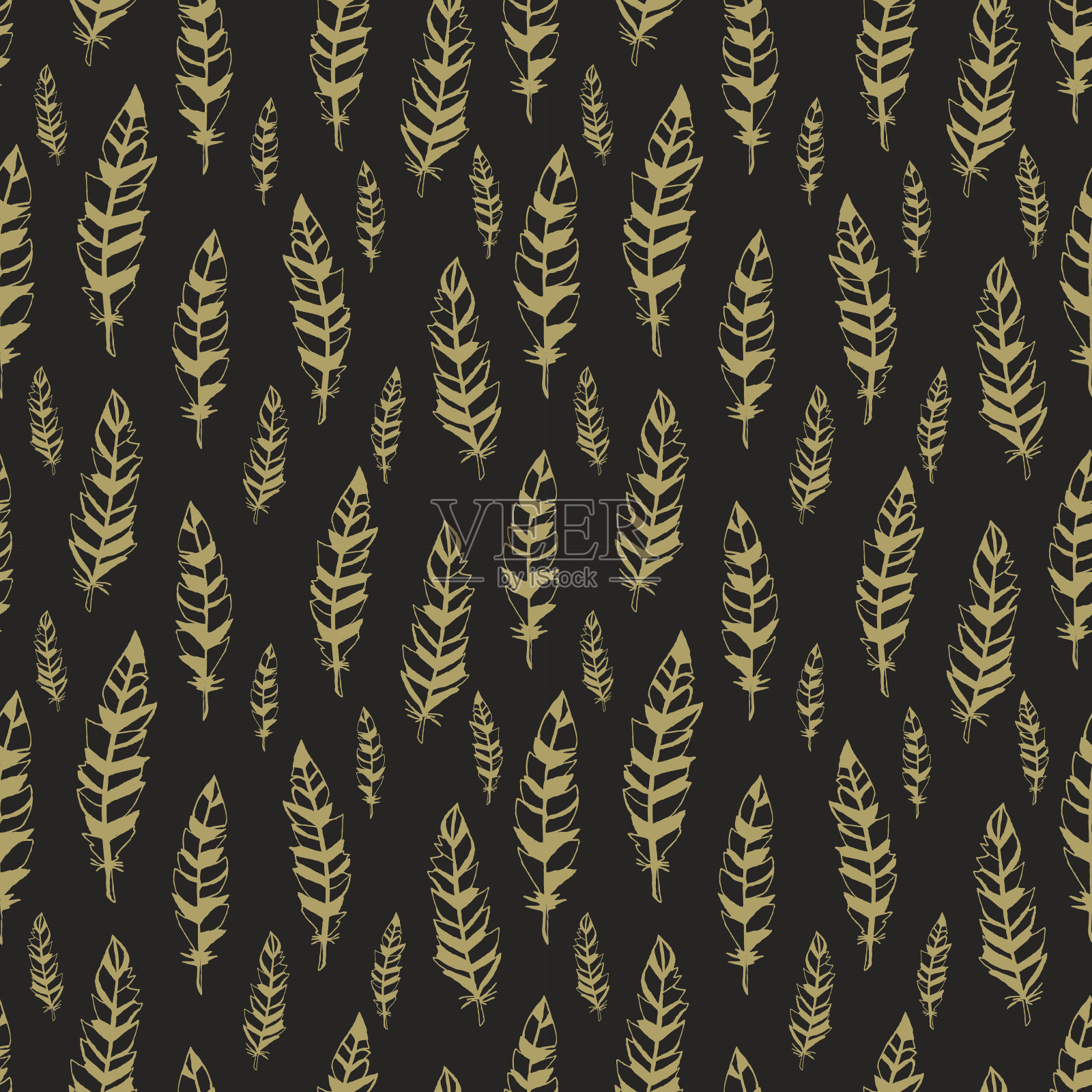 黑色和金色无缝图案与羽毛。设计元素图片
