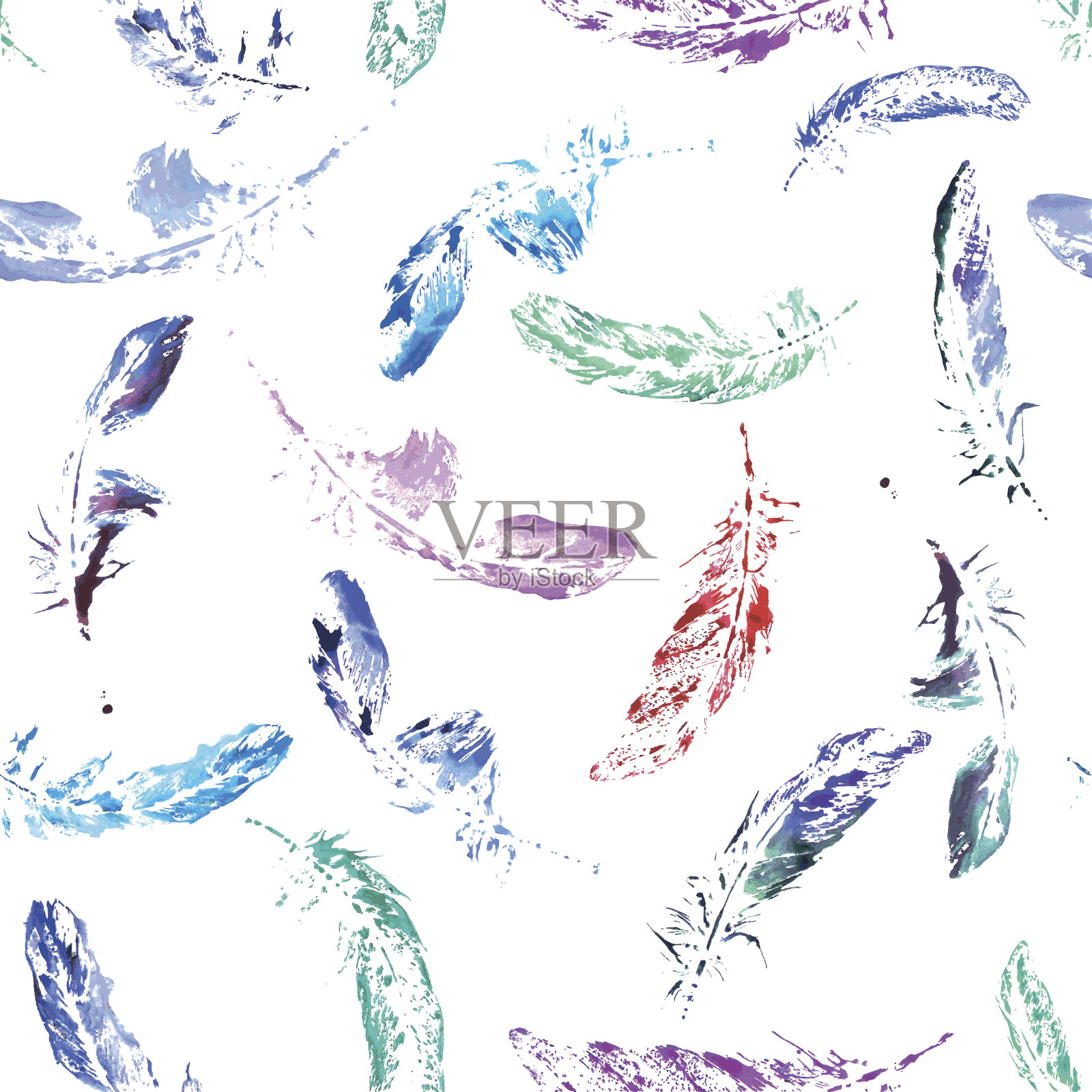 可爱的彩色羽毛图案画在水彩设计元素图片