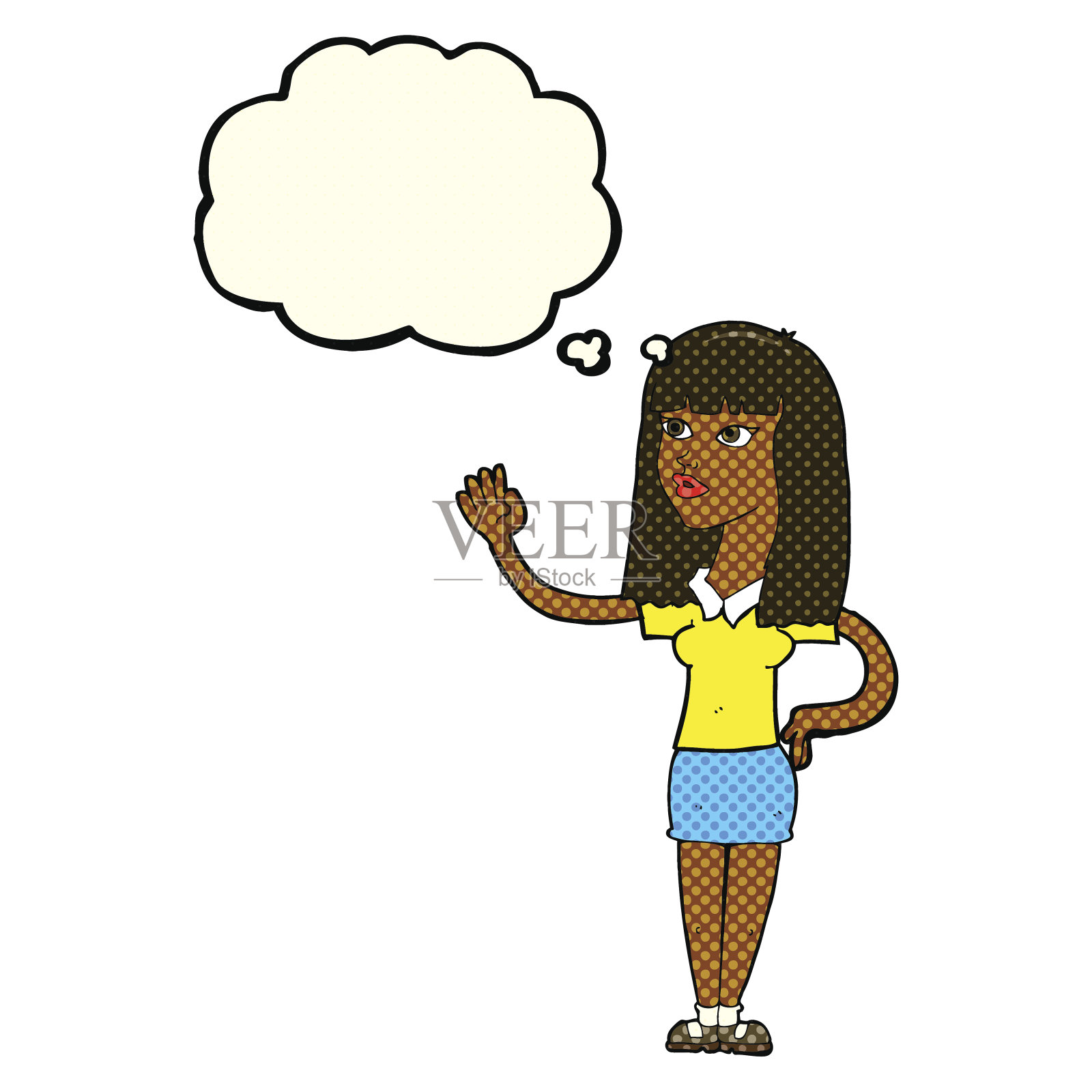 卡通美女挥舞着思想泡泡插画图片素材