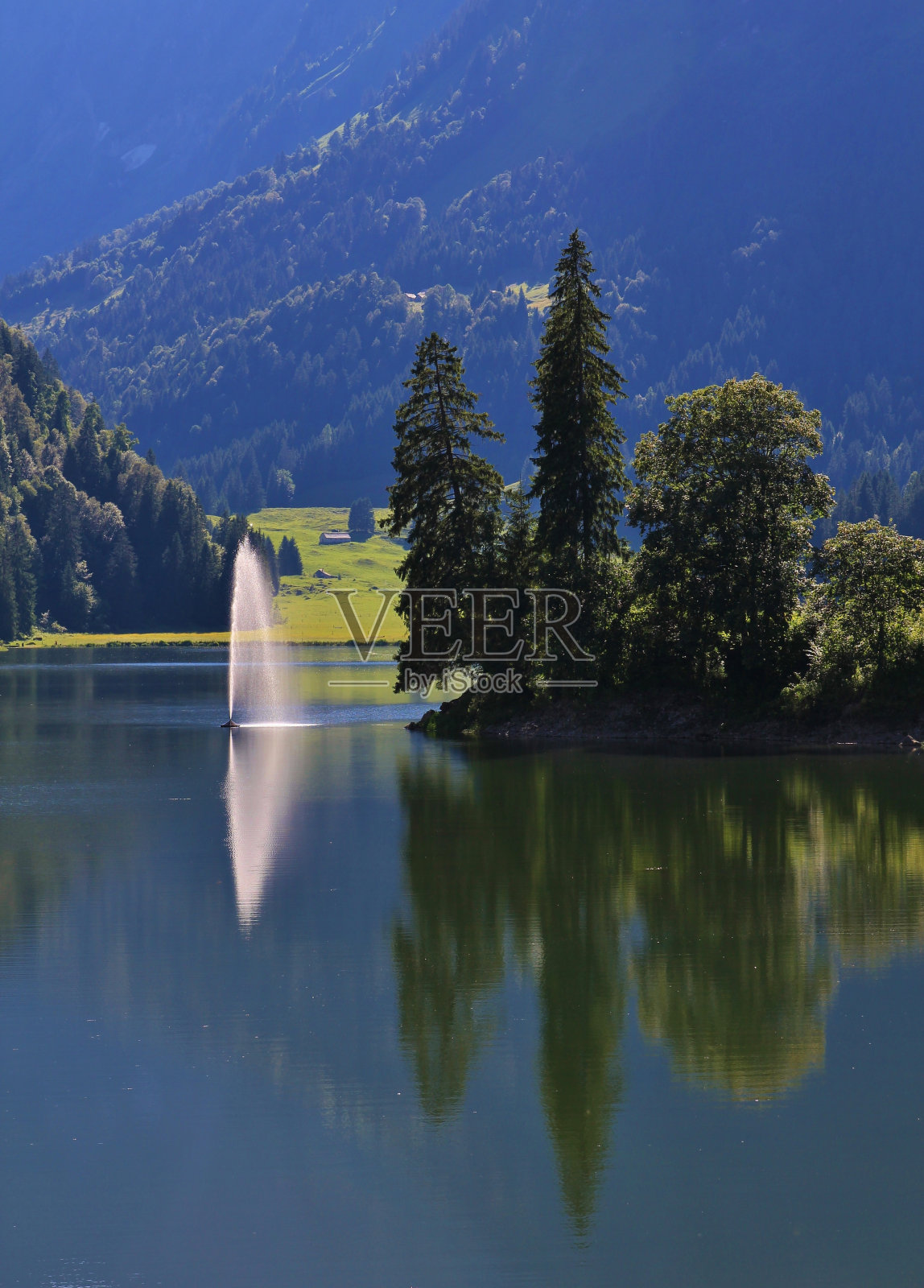 欧伯湖的喷泉和树木照片摄影图片