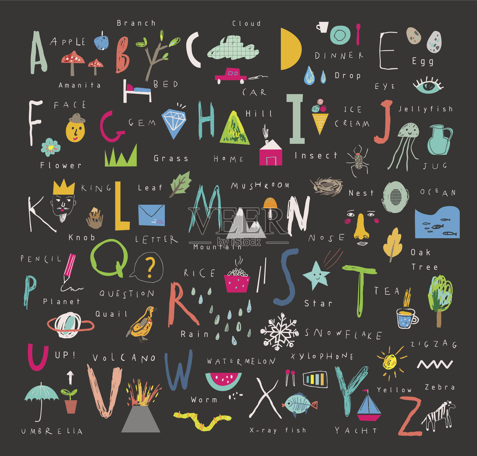 可爱的字母。字母和单词。学会阅读。孤立。插画图片素材