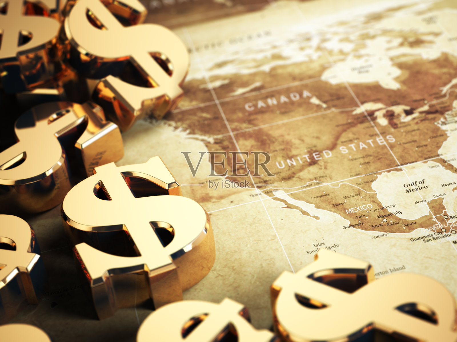 世界地图背景上的美元符号具有自由度效果。照片摄影图片