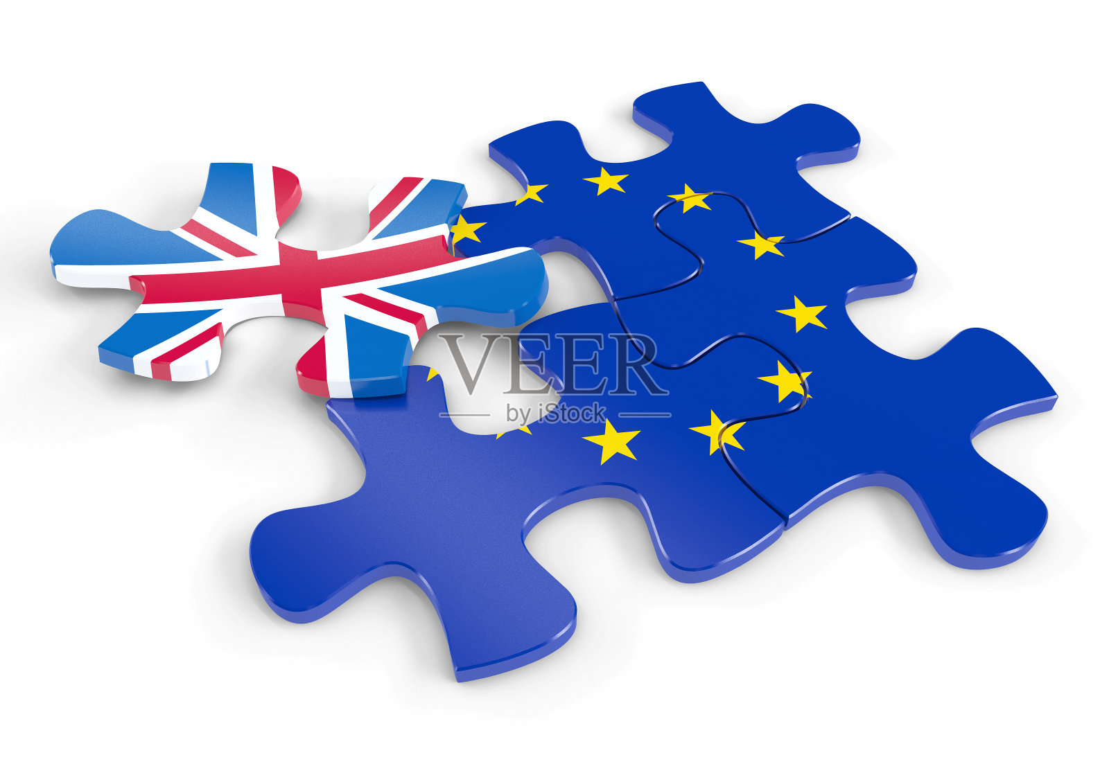 英国脱欧，被放置在英国和欧盟的旗帜上照片摄影图片