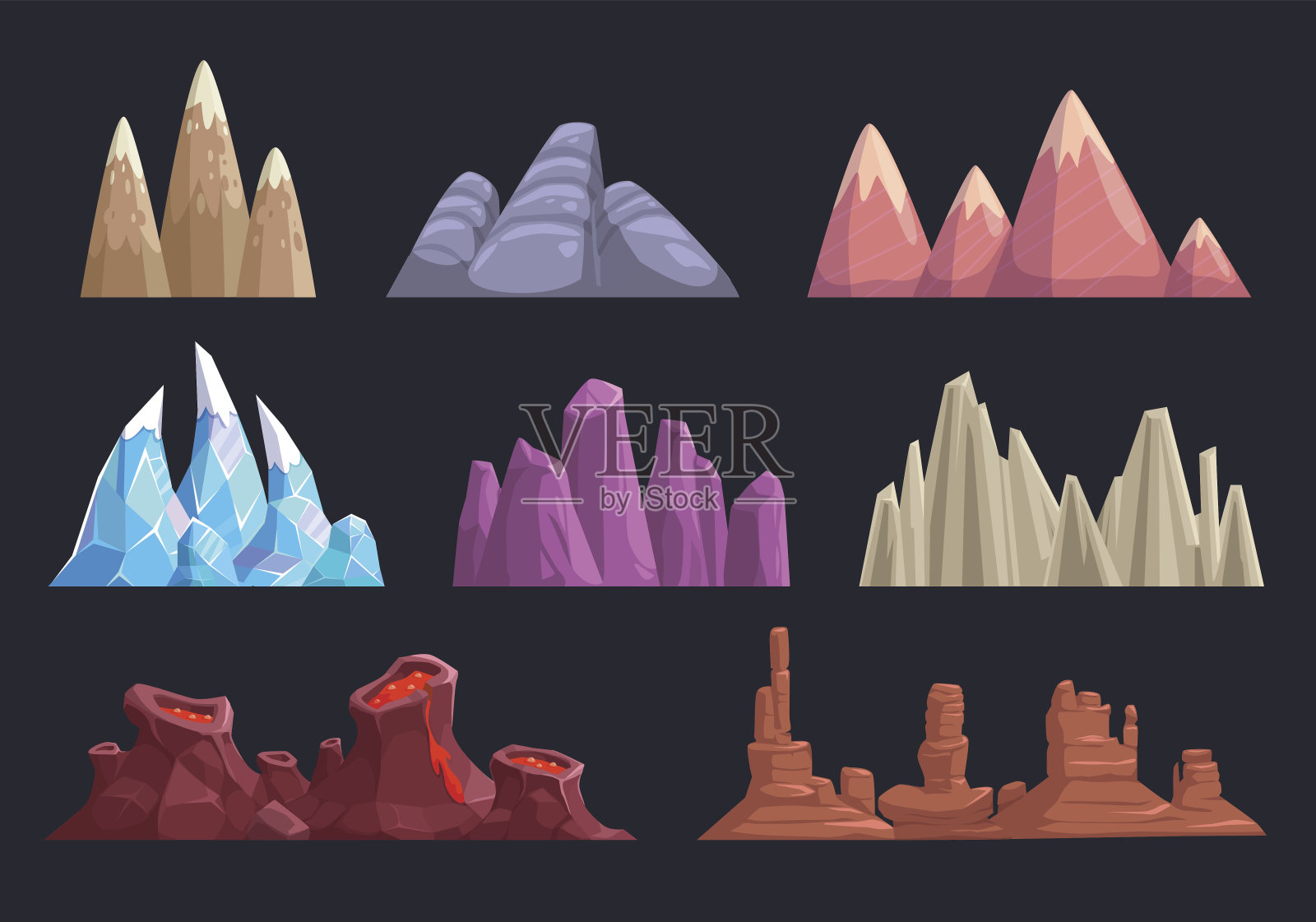 卡通岩石和山脉设置插画图片素材