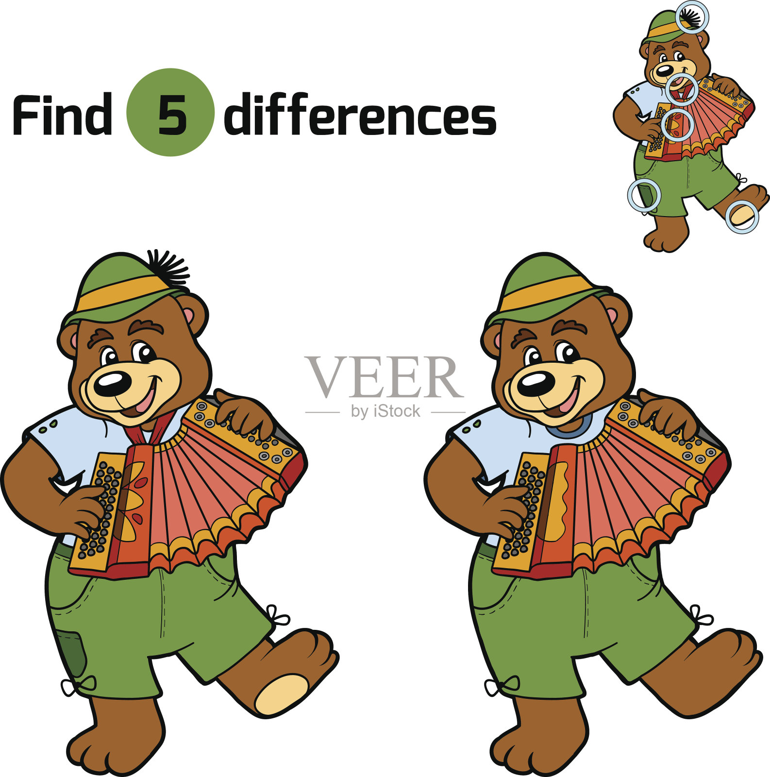寻找差异，儿童游戏(熊和手风琴)插画图片素材