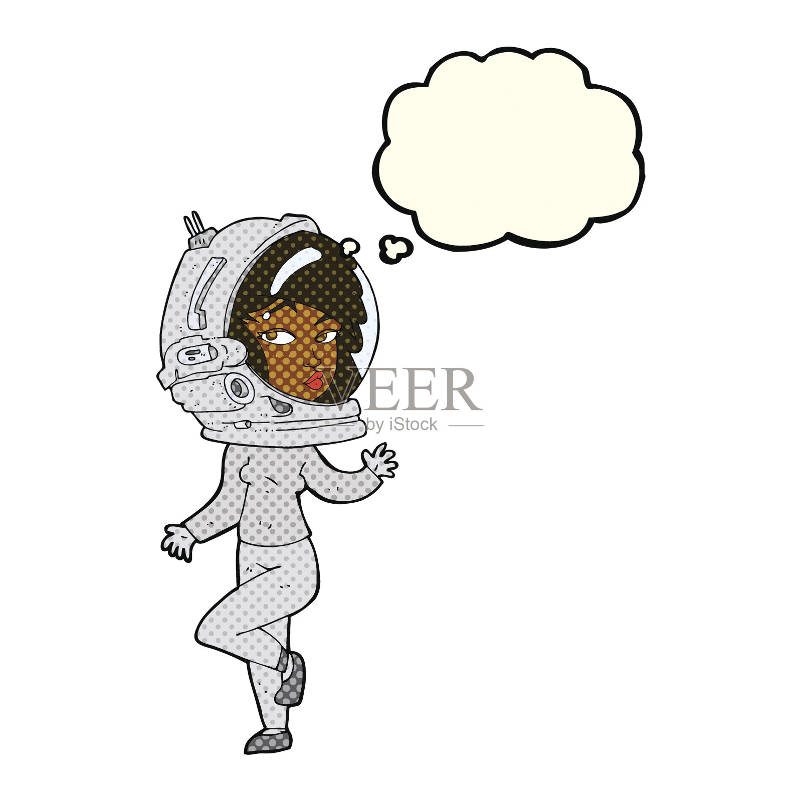 卡通女人戴着带有思想泡泡的太空头盔插画图片素材