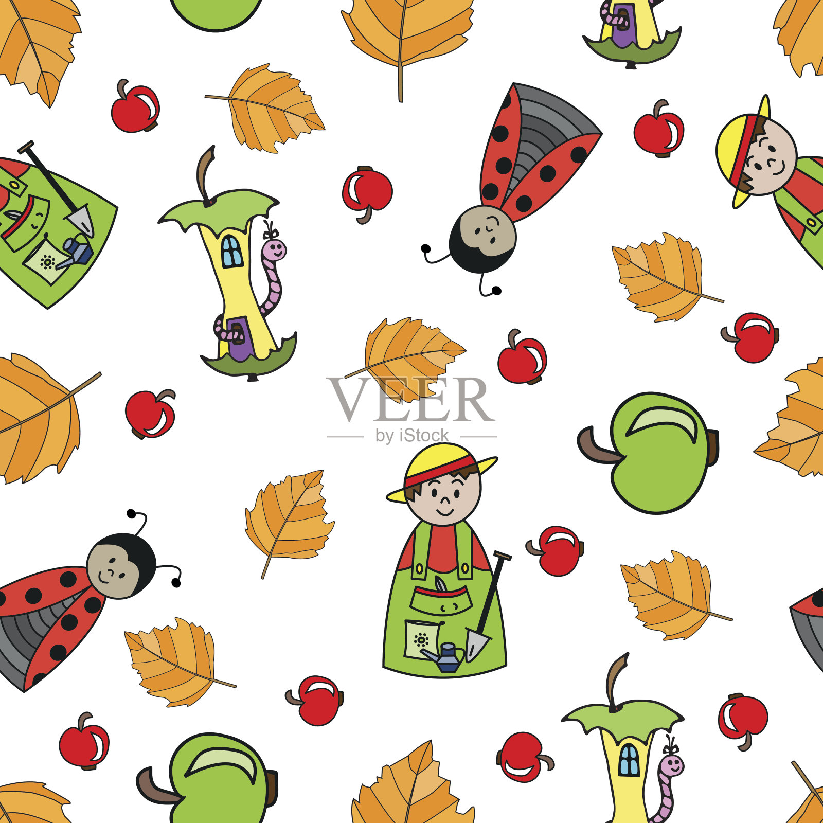 彩色无缝与园丁在白色的背景。插画图片素材