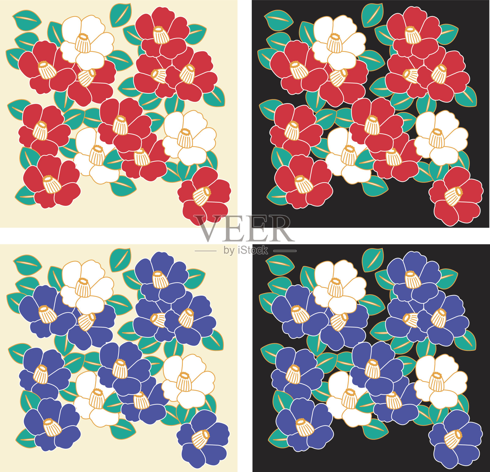 山茶花图案(红色和蓝色)-插图插画图片素材